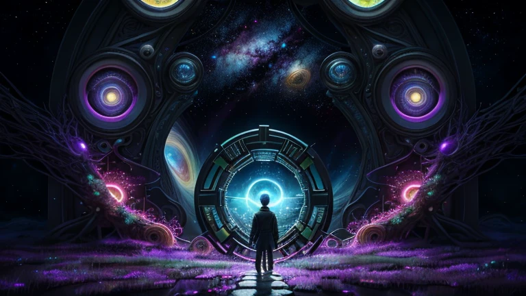 Highly detailed art in 4K,DreamlikeArt、detailed dreamscape、dreamy psychedelic、intricate、Epic composition、looking out into the cosmos,Stable diffusion,Stargate Portal、there is a different world inside the Portal, Cinematic atmosphere、Negative dark mode、MC Escher、Senseijaye Art、Matrix atmosphere、Rotate digital codes and matte paintings。