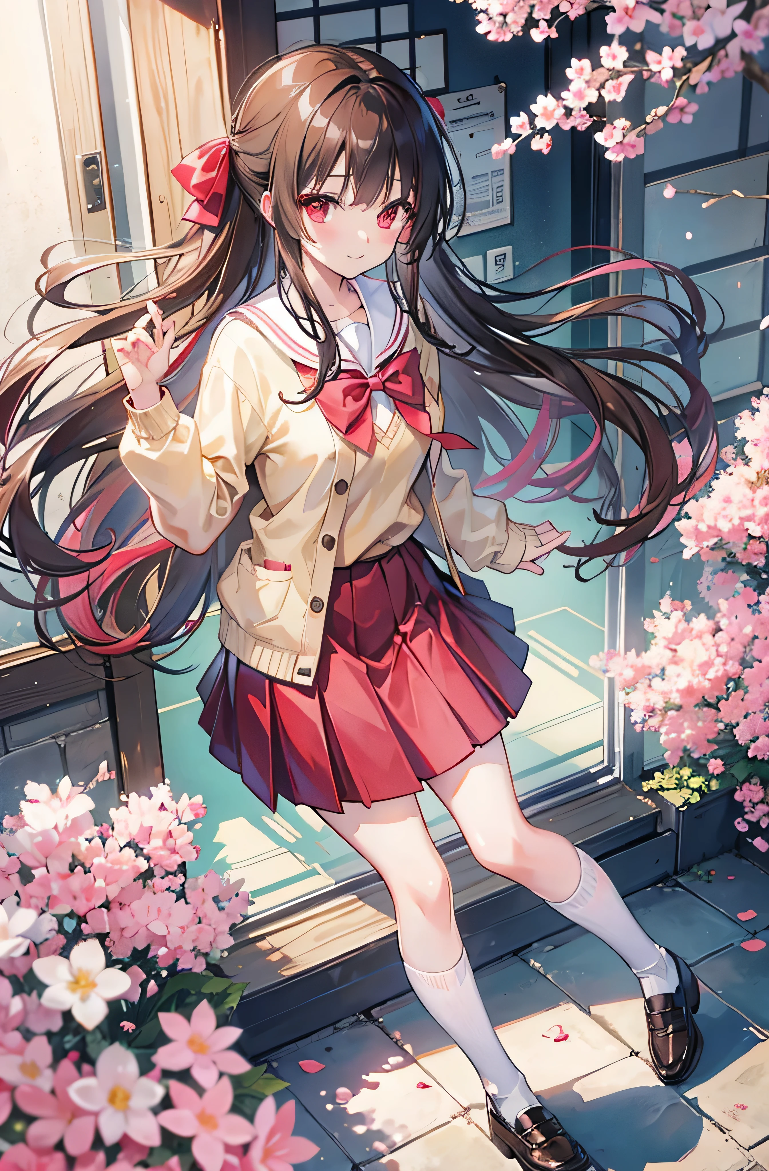 ((Best Quality)), 1girl, ((Nagamori Mizuka)), ((ONE kagayaku kisetsu he)), ((red eyes)), ((long hair)), ((light brown hair)), ((yellow ribbon)), ((ribbon on the back of the hair)), ((school uniform)), ((red skirt)), ((plain skirt)), ((white socks)), ((brown shoes)), ((pink shirt with a red bow)), ((sand colored cardigan sweater)), smiling, full body, outdoors, spring, city