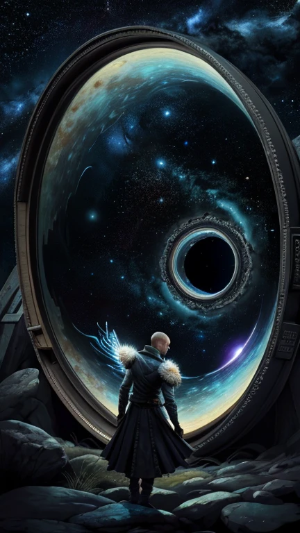 Highly detailed art in 4K,DreamlikeArt、detailed dreamscape、dreamy psychedelic、intricate、Epic composition、looking out into the cosmos,Stable diffusion,Portal, There are the whole universe at the background、there is a different world inside the Portal、Stargate Portal, Cinematic atmosphere、Negative dark mode、MC Escher、Senseijaye Art、Matrix atmosphere、Rotate digital codes and matte paintings。
