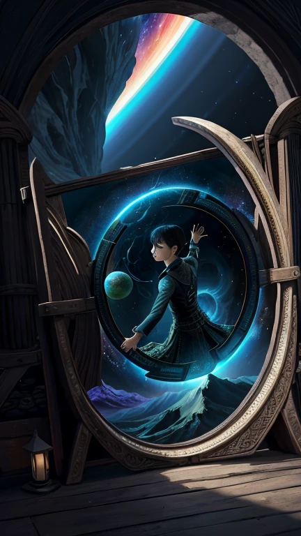 Highly detailed art in 4K,DreamlikeArt、detailed dreamscape、dreamy psychedelic、intricate、Epic composition、looking out into the cosmos,Stable diffusion,Portal, There are the whole universe at the background、there is a different world inside the Portal、Stargate Portal, Cinematic atmosphere、Negative dark mode、MC Escher、Senseijaye Art、Matrix atmosphere、Rotate digital codes and matte paintings。