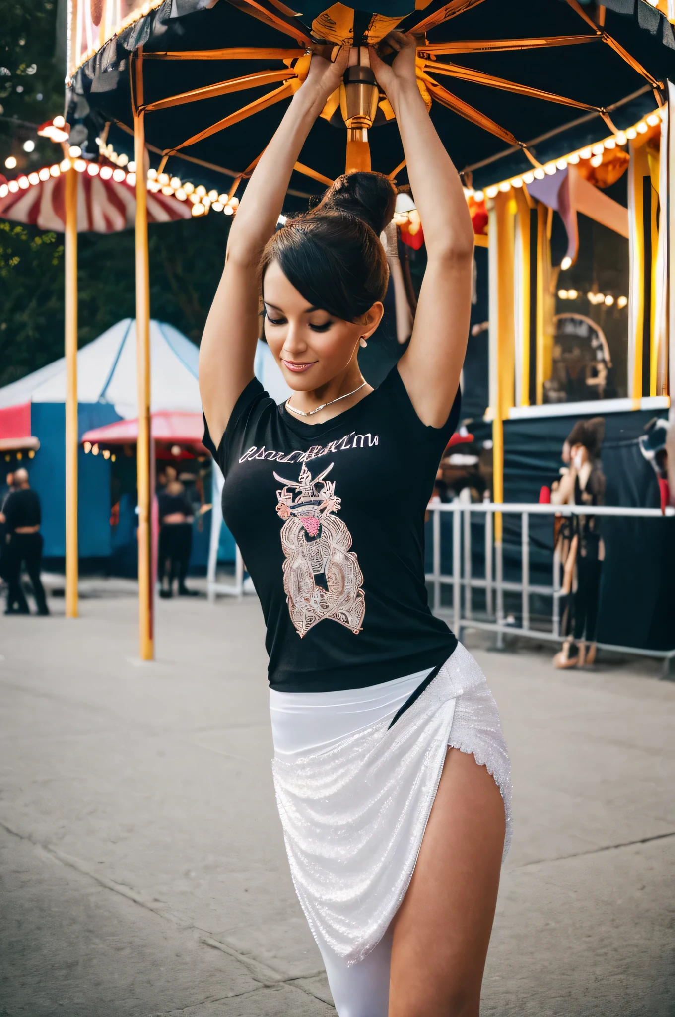 A woman dressed as a ballerina in a carnival setting wearing a black T-shirt. Hyperrealistic image.