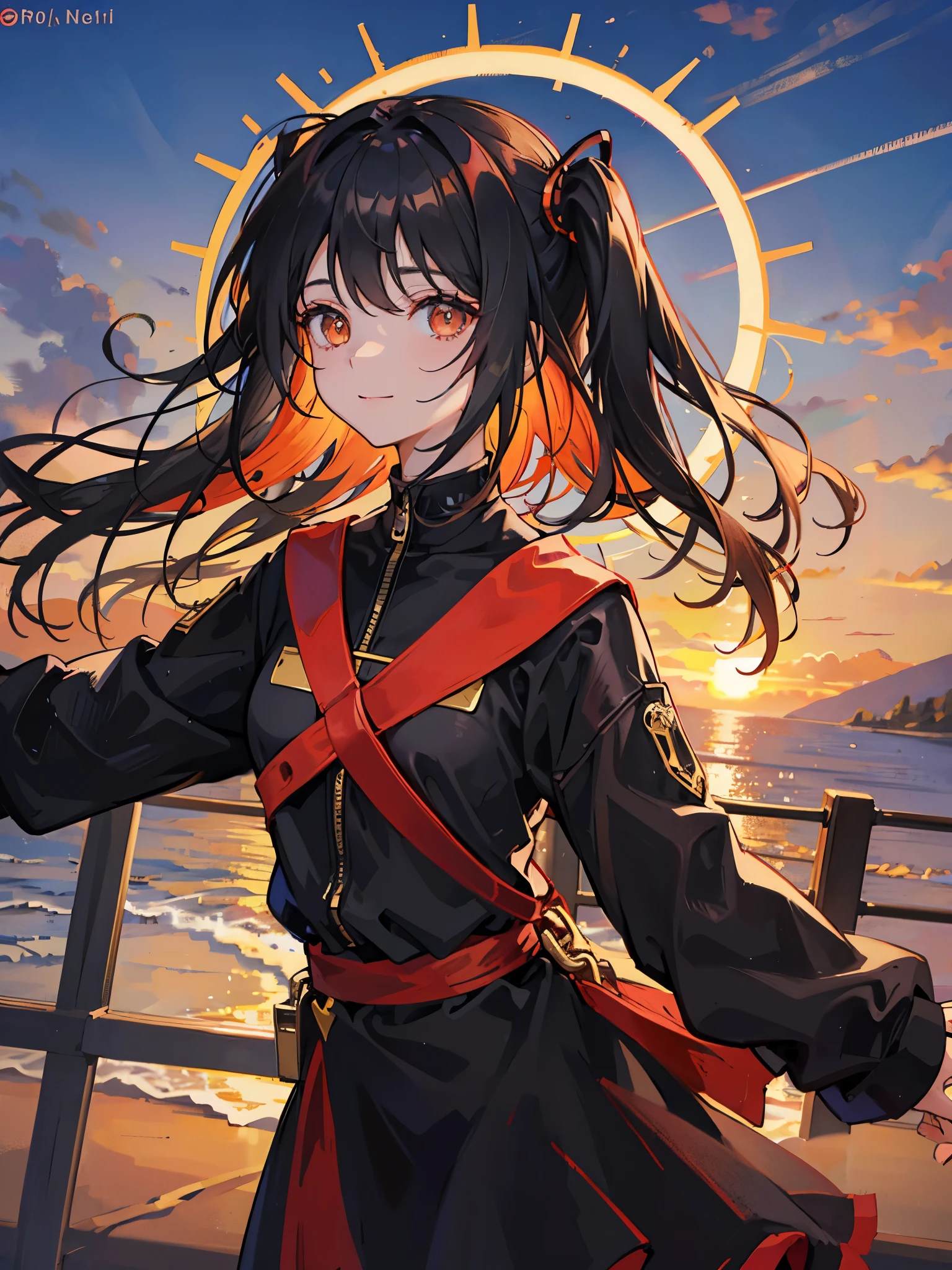 Anime girl , detailed face and  black hair which hair tips are amber orange mix colour like fire , with beautiful led eyes , the girl leaning on relling of a bridge over a road , background of sun set , the girl view the beautiful scene of sunset , the rays of sunset light falls upon her , the reflection of sunset view captured in her red beautiful eyes . There some water before tear in her eyes but she give cute smile of relief , little side fiew potrait image , only head,neck and little upper body area in image , the girl wearing white tshirt and wearing black oversized jacket on it with some red orange colour line details 