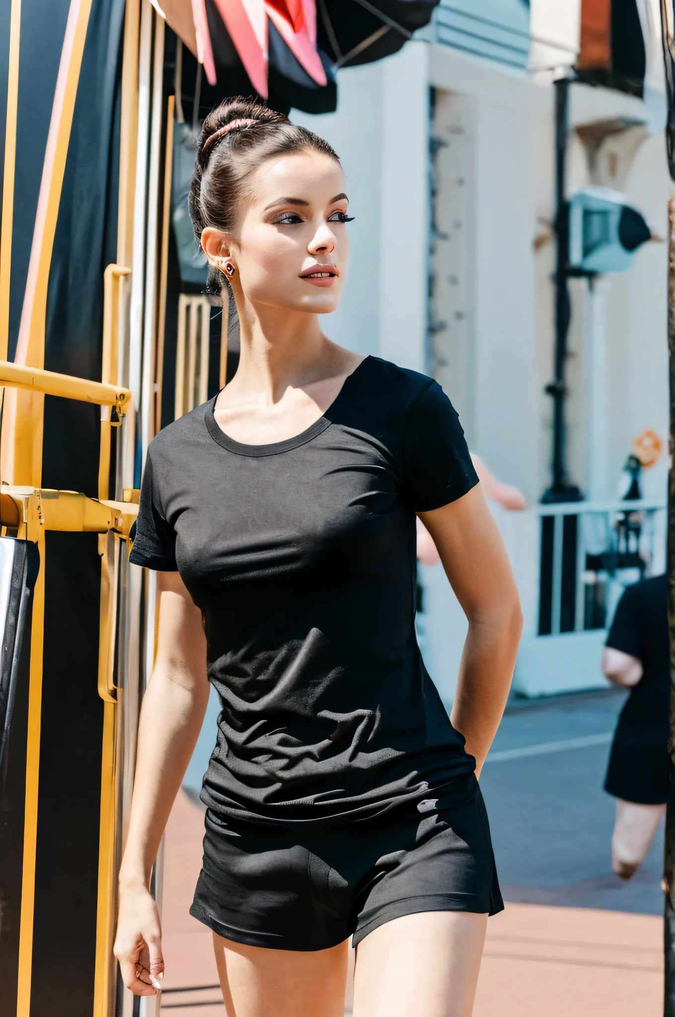 A woman dressed as a ballerina in a carnival setting wearing a black T-shirt. Hyperrealistic image.
