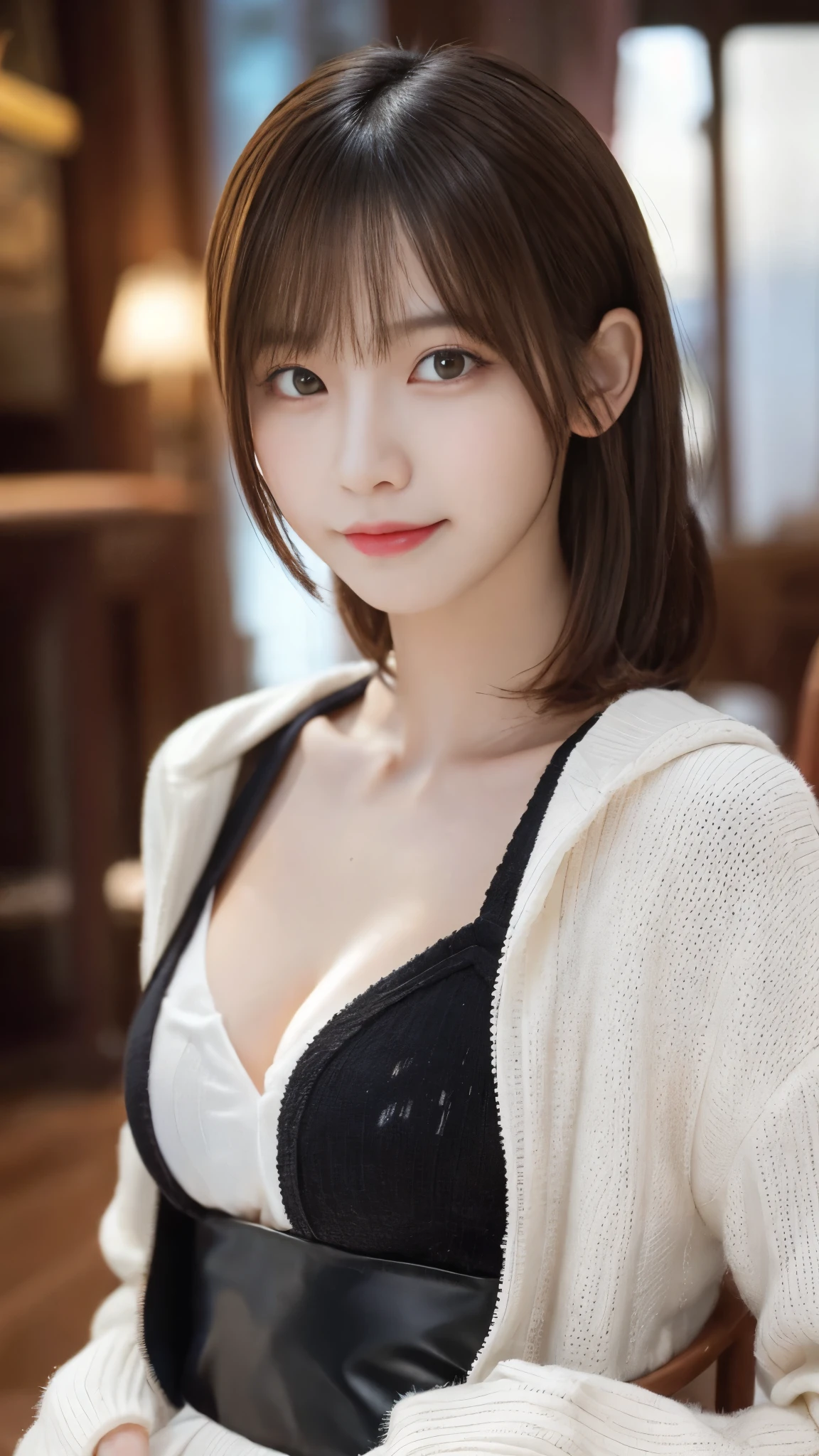 table top, highest quality, figure, super detailed, finely, High resolution, 8k wallpaper, 完璧なダイナミックな構figure, beautiful and fine eyes, woman's fashion fluffy winter clothes,Wearing sunglasses,medium hair,small breasts natural color lip, bold sexy pose、20 year old girl、cute、sexy shot looking at camera,RAW photo,anatomically correct body,blur the background,perfect and beautiful face,KPOP idol face,Slim face and body、Wearing a black miniskirt,Wearing black high heels,sitting in a chair,