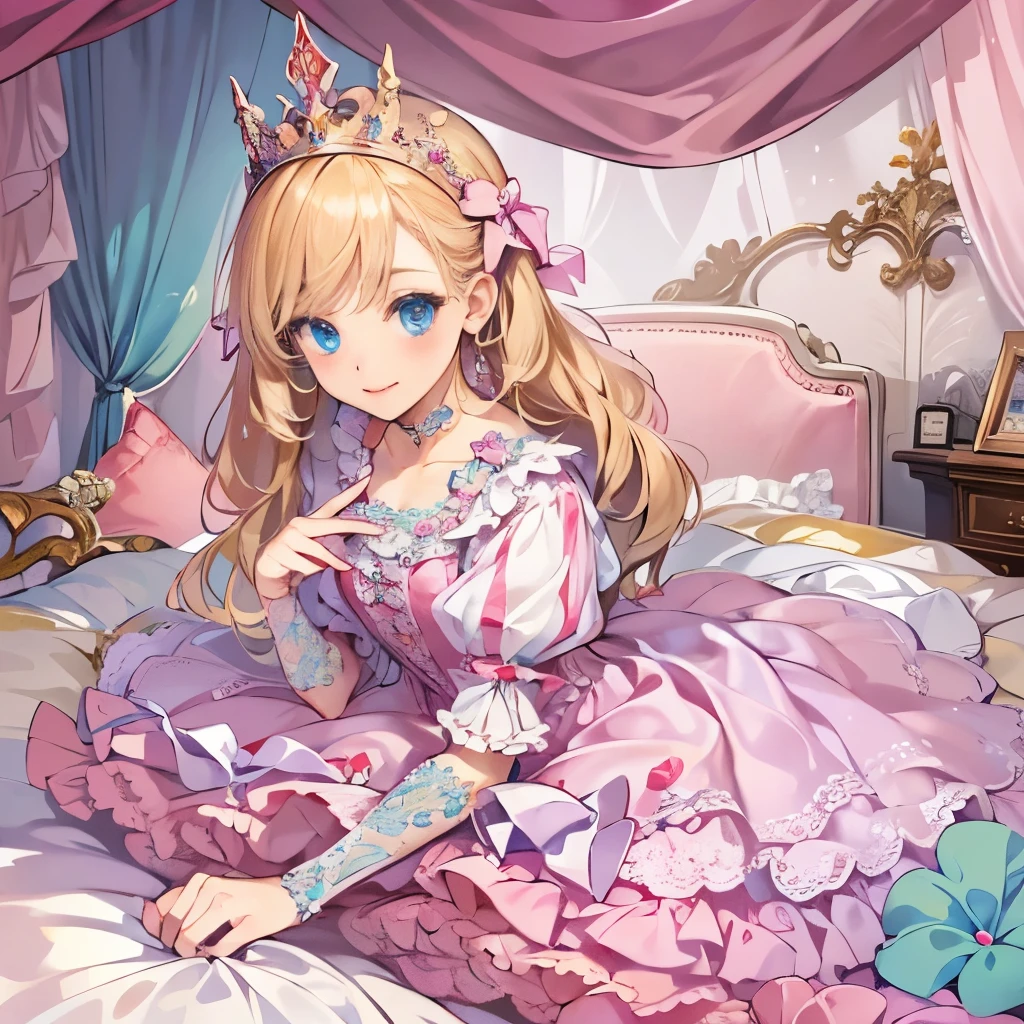 ,,highest quality, masterpiece, highest resolution, artwork, super それにget used to it, many get used to it, get used to it, それにget used to it,(), (),(cute girl),(10 years old),((white skins)),((blond hair)),((blue eyes)),the girl is a princess,((girly dark pink satin fabric)), ((A Victorian ballgown princess dress with plenty of pink ruffles and bows and a voluminous full-length hoop skirt.)),long sleeve,long dress,A dress with lots of frills and ribbons..,luxury, ((Palace bedroom)), ((Huge luxury victorian canopy king size princess’s bed)), lots of frilly pillows,ruffle bed skirt,sitting on the bed,high quality beautiful girl,high quality dress,high quality princess’s bed,Super detailed background, detailed arm,detailed fingers,(unity 8K wallpaper)