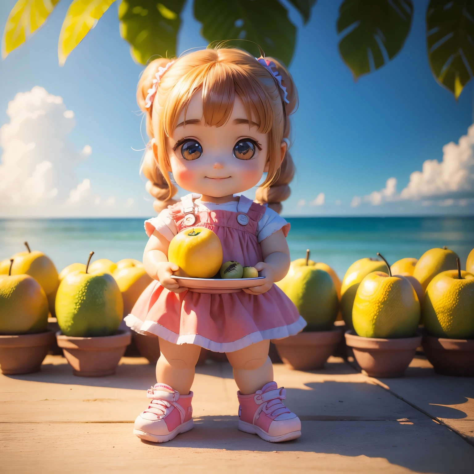 (photorealistic:1.37)、octane rendering、Chibi girl doll in the center of a fruit platter、Girl has twin tail hairstyle and smiles、Bright colors、soft sunlight、playful atmosphere、peaceful environment、detailed texture、Bright colors、cute shoes with accessories、He looks happy