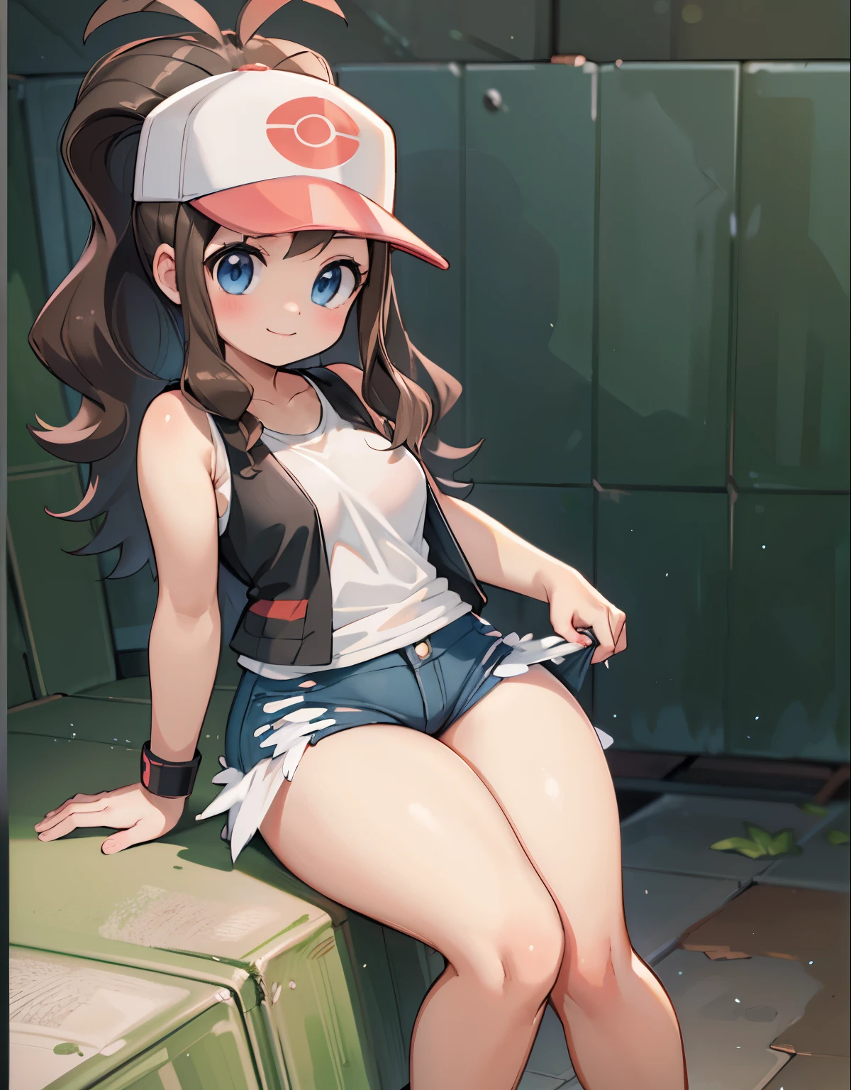 (best quality, highres, masterpiece:1.2), ultra-detailed, realistic:1.37, sketches, hilda pokemon, def1, teenage girl, sitting on her knees, curvy, visible thighs, chubby thighs, thick thighs, thighs in the foreground, body shape, dirty underpass, underpass, scary underpass, sentada junto a un hombre, hombre tocando su cuerpo, curious look, pokeballs, smile, encanto femenino, downblouse