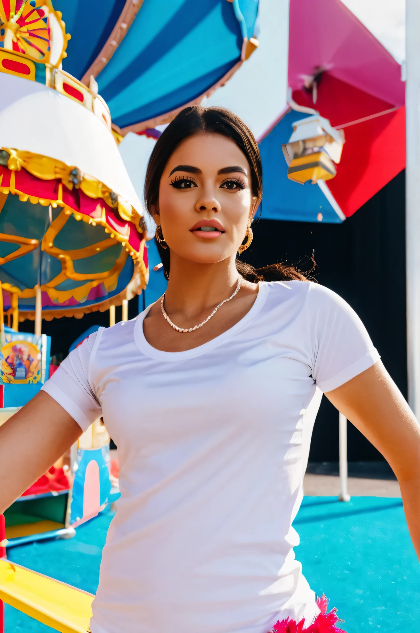 A woman in a carnival costume wearing a white T-shirt. Hyperrealistic image.