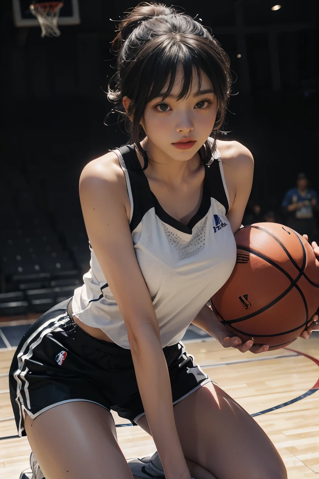 (RAW photo, 4K, masterpiece, High resolution, very complicated) (reality的な: 1.4), Cinematic lighting 1 girl, focus only, Summer Day, hot, 1990s\(style\), (highest quality), (High resolution), (very delicate and beautiful),,(Beautiful 8K face),(brown eyes),(Ulzzang-6500:1.0),(alone),(Looking ~ side),( audience),(big breasts),(NBA),bent down,,look~ side,(~ side), ,(basketball sportswear),((play basketball)),((Gym)),((speed)),(reality),