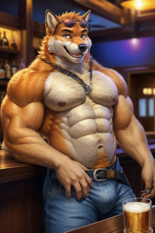 Sunset, beautiful, vibrant colors, beer, club, ((detailed bar)), indoors, masterpiece, best quality, ultra detailed, 8k, digital painting \(artwork\), POV, close-up, ultra detailed, sharp, focus, highway, road, male, anthro, Orange Fox, furry, standing, slightly opened mouth, canine teeth, leaning against bar, wearing sunglasses, offering drink, drunk, smirk, smug, facing viewer (muscular:2.0), musclegut muscular arms, attractive, sexy, hairy, hot, daddy, dilf detailed fur, orange and white fur, detailed hands, detailed eyes, detailed face, abs, six pack, pecs, topless, open pants, undone belt, denim jeans, ripped, bulge, detailed crotch