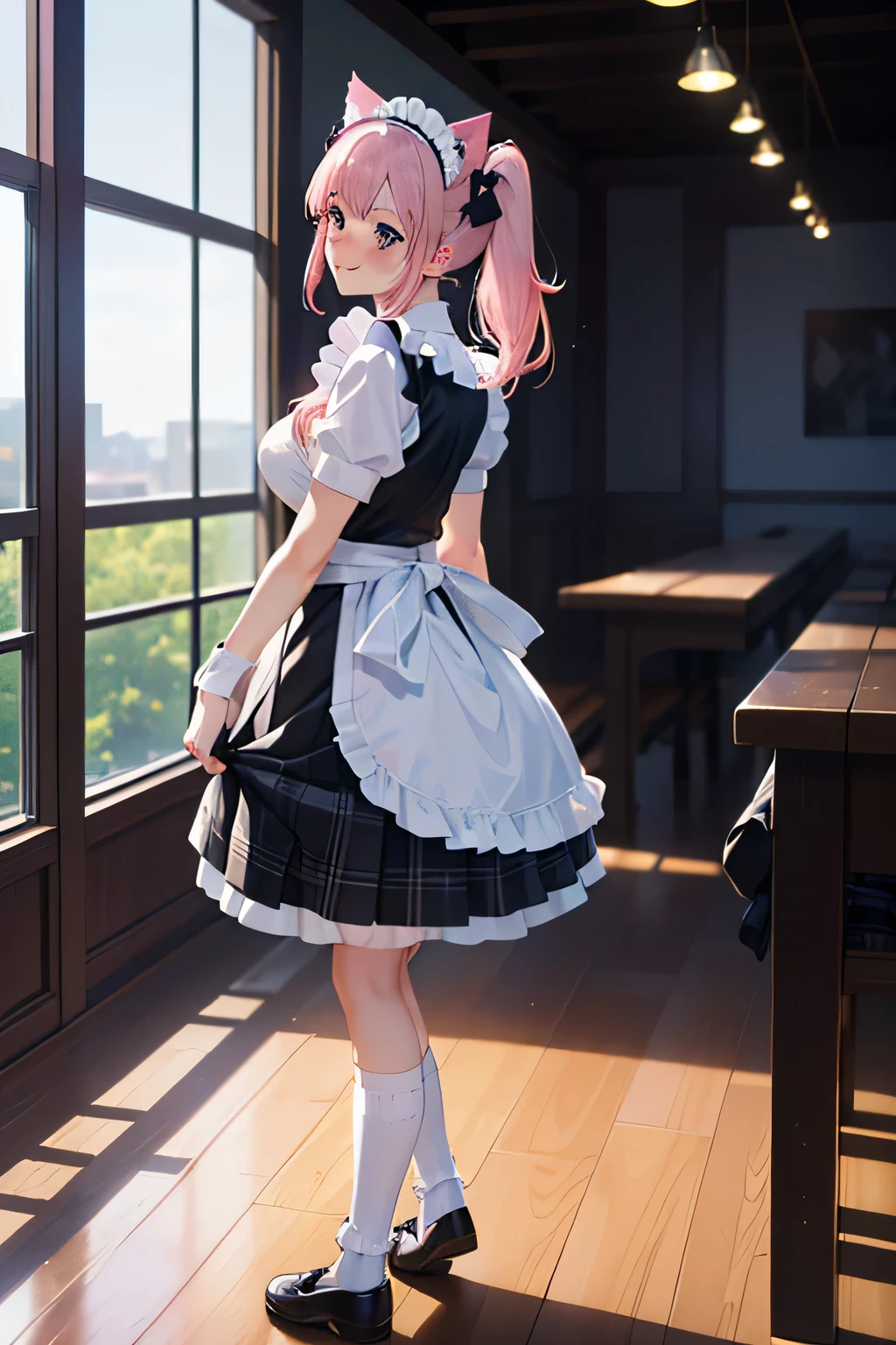 ((table top, highest quality, High resolution, perfect pixel, 4K,)), 1 girl, Beautiful woman、I could see the whole body、RAW photo, absurd, award winning portrait, concentrate,masterpiece, highest quality, High resolution,8K, Complex, elegant, very detailed,dynamic lighting,(blurred background:1) 、((pink hair)), ((pink tie cat ears)), ((anime girl)), ((detailed face, blush:1.2)), ((walk, Side View Shot))、Full body to toes, ((smooth texture:0.75, realistic texture:0.65, realistic:1.1, Anime CG style))、big breasts、smile like an idol、((black maid outfit, white shirt, black skirt, )、((she'She's definitely wearing a maid outfit))、((plaid skirt、white knee-high sox)),