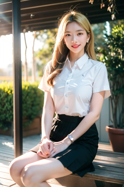 wide angle photography shot by Nikon-z9, (50mm lens, f/1.4, ISO 100), A woman model 18 years old large breasts, long blonde curl hair , slim shape, (white short sleeve shirt | Black pleated skirt), mahalai uniform, sneakers , seductive smile , seductive pose, mole on breast, Modern home with plants , film grain:1.5, A morning scene captures a student outside the house, bathed in soft morning light, with the rays gently illuminating from a unique angle, morning sunlight, yellow sunbeam, (RAW photo), (photorealistic), (masterpiece), (intricate detailed), (best quality), (professional photography), (realistic:1.5), (soft light), (defuse lighting:0.7), (ambient lighting:0.6), (rim lighting,:1.2), fine textures, (depth of field:1.2), (bokeh:1.2), (face focus), film overlay, film grain,
