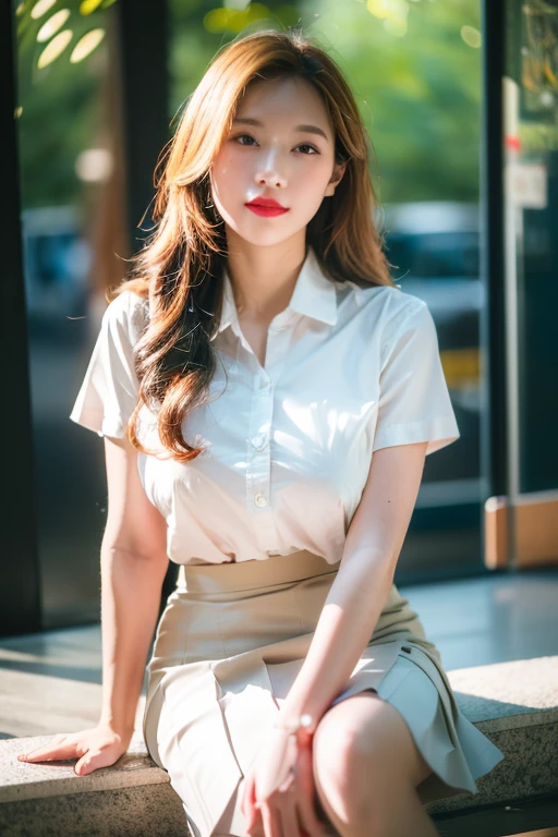 wide angle photography shot by Nikon-z9, (50mm lens, f/1.4, ISO 100), A woman model 18 years old large breasts, long blonde curl hair , slim shape, (white short sleeve shirt | Black pleated skirt), mahalai uniform, sneakers , seductive smile , seductive pose, mole on breast, Modern home with plants , film grain:1.5, A morning scene captures a student outside the house, bathed in soft morning light, with the rays gently illuminating from a unique angle, morning sunlight, yellow sunbeam, (RAW photo), (photorealistic), (masterpiece), (intricate detailed), (best quality), (professional photography), (realistic:1.5), (soft light), (defuse lighting:0.7), (ambient lighting:0.6), (rim lighting,:1.2), fine textures, (depth of field:1.2), (bokeh:1.2), (face focus), film overlay, film grain,