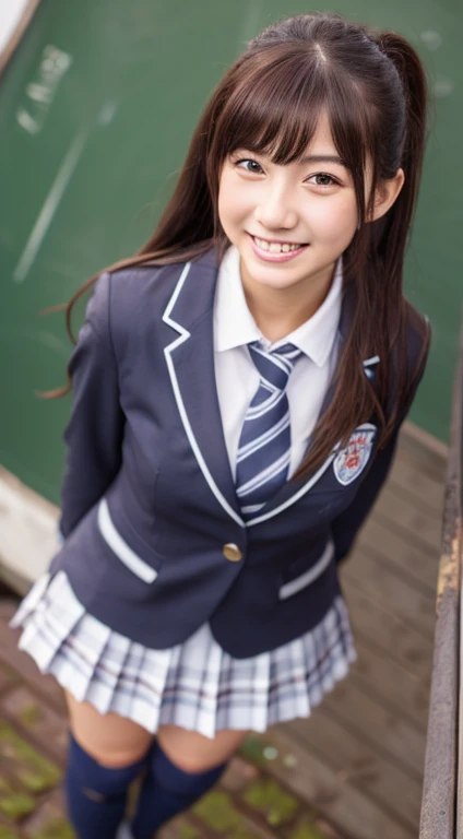 ((masterpiece)), japanese, (a girl), (18 years old), (((school uniform))), smiling, outdoor, dark blue knit vest, thighs, 