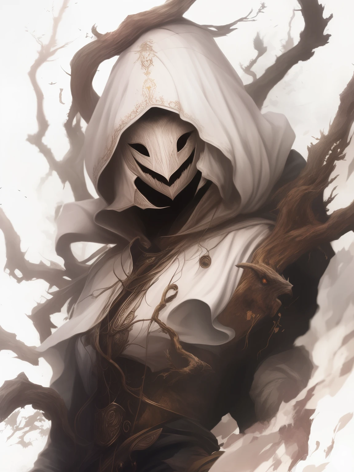 Closeup of a hooded person holding a tree., Androgynous Moon Knight, Veneno, Guillermo H.. Pongiluppi, Arte detallado espeluznante en color, Wraith con capucha oscura, Krenz Cushart y Artgerm, Artgerm Craig Mullins, pele branca assustadora, Artgerm Comics, Simbionte, El Segador como uno aterrador