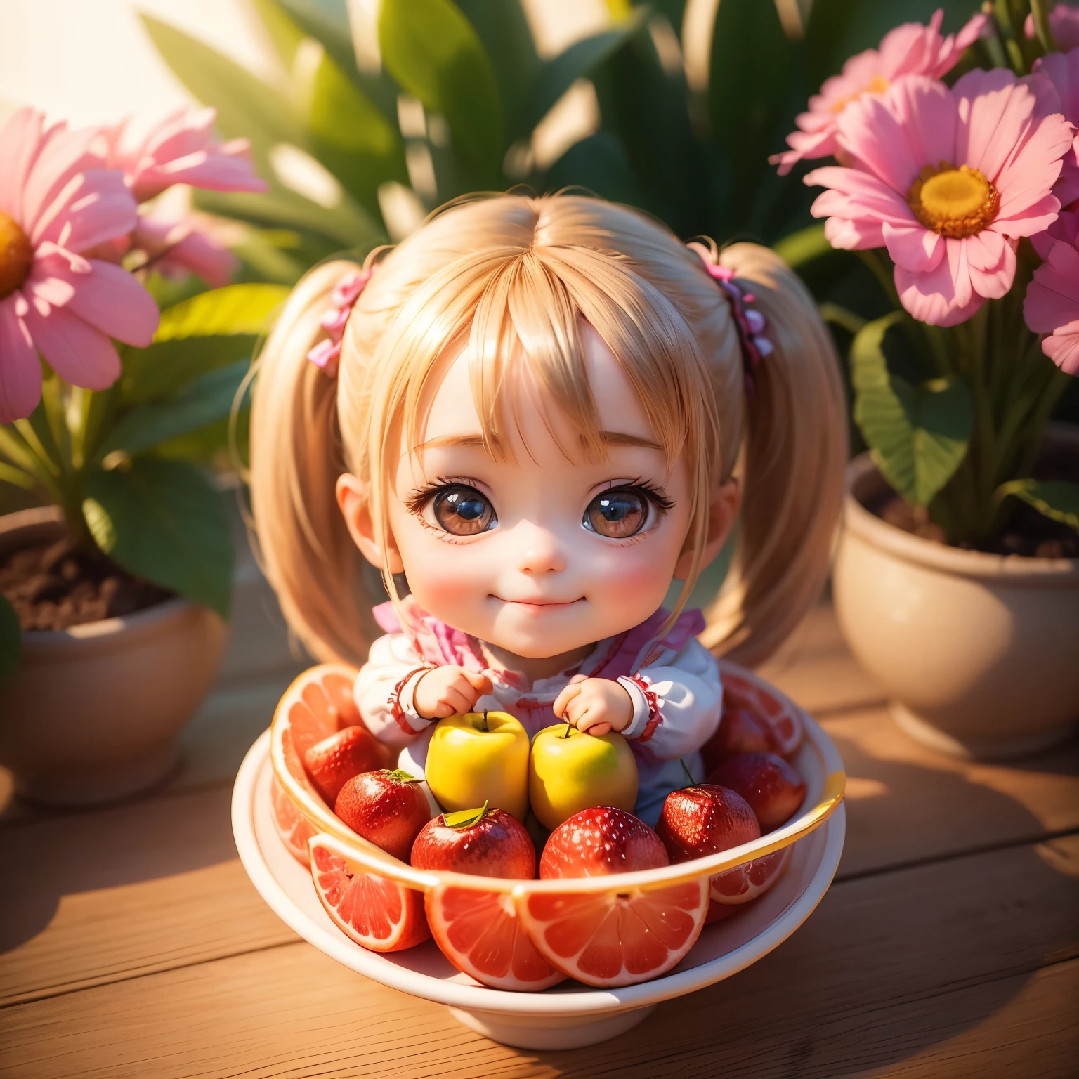 (photorealistic:1.37)、octane rendering、Chibi girl doll in the center of a fruit platter、Girl has twin tail hairstyle and smiles、Bright colors、soft sunlight、playful atmosphere、peaceful environment、detailed texture、Bright colors、cute shoes with accessories、He looks happy