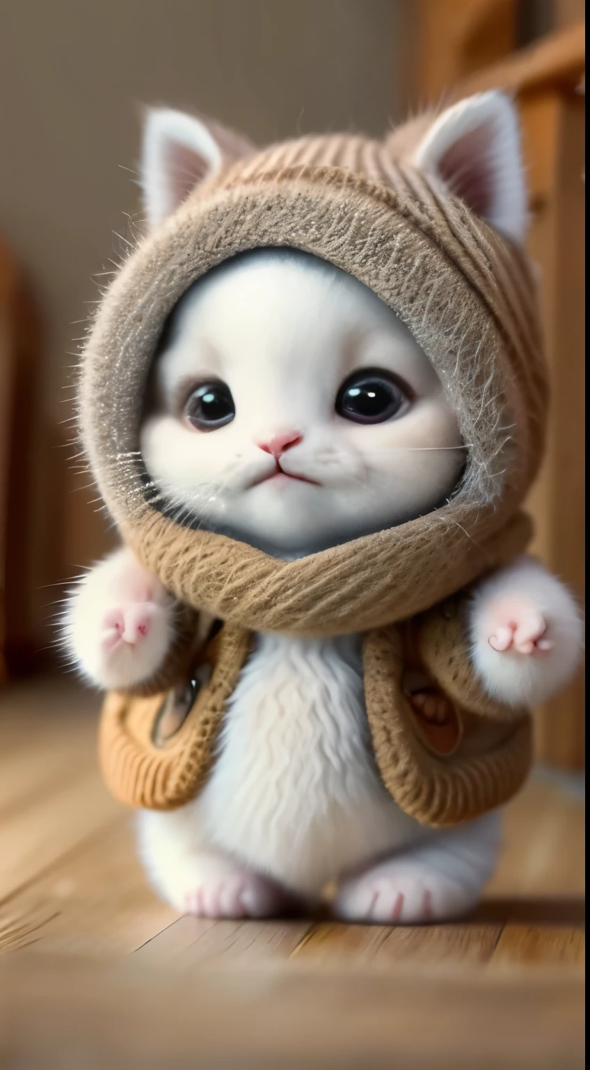 kitten in clothes， miniature kitten， Animal focus， bearded， realistic， POV Hand， ambiguous background，smile，interesting、