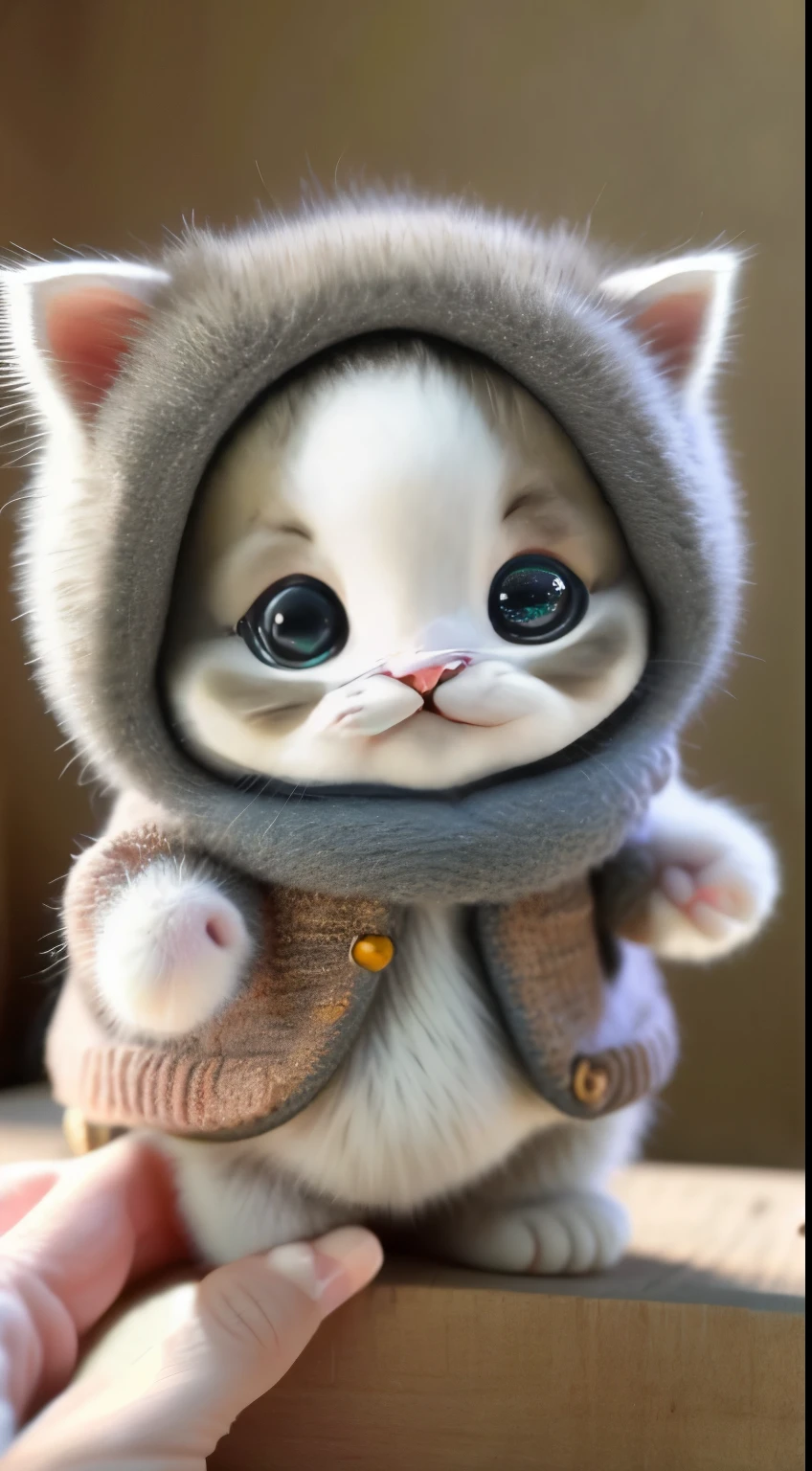 kitten in clothes， miniature kitten， Animal focus， bearded， realistic， POV Hand， ambiguous background，smile，interesting、