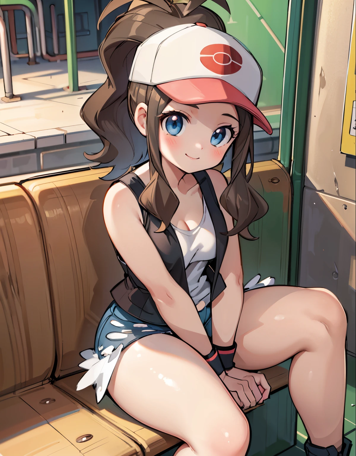 (best quality, highres, masterpiece:1.2), ultra-detailed, realistic:1.37, sketches, hilda pokemon, def1, teenage girl, sitting on her knees, curvy, visible thighs, chubby thighs, thick thighs, thighs in the foreground, body shape, inside dark and forgotten subway, old and dirty subway, sentada junto a un hombre, hombre tocando su cuerpo, curious look, pokeballs, smile, encanto fe******, downblouse, 