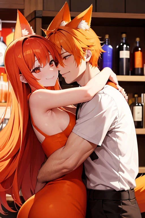 An orange haired woman with orange fox ears and an orange fox tail with an hourglass figure is kissing An orange haired man with orange fox ears and an orange fox tail in a quaint room