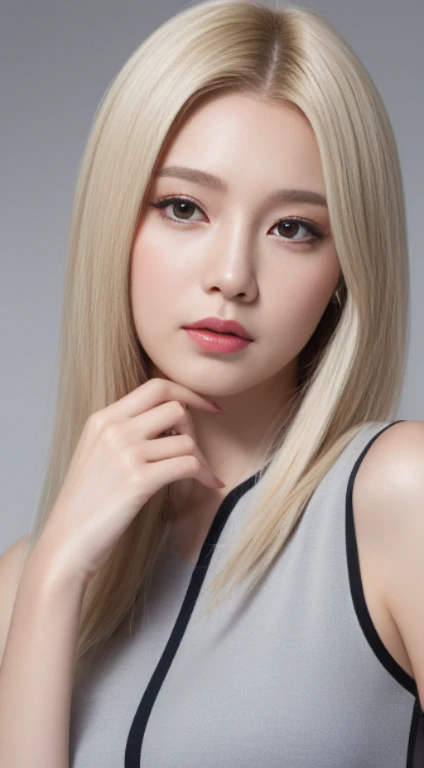 ((Realistic lighting、top-quality、8K、masterpiece:1.3))、Clear focus:1.2、1girl in、flawless beauty:1.4、slim((blonde hair))、Neat and clean clothing、One-piece clothes、Superfine Face、Narrow-eyed、二重まぶた、lighting like a movie、photos realistic、28 year old、Straight hair、Face like a K-pop idol、white backgrounid、Gray background、Mature Woman、Classy makeup、Light hair color Blonde、Angle of pull、