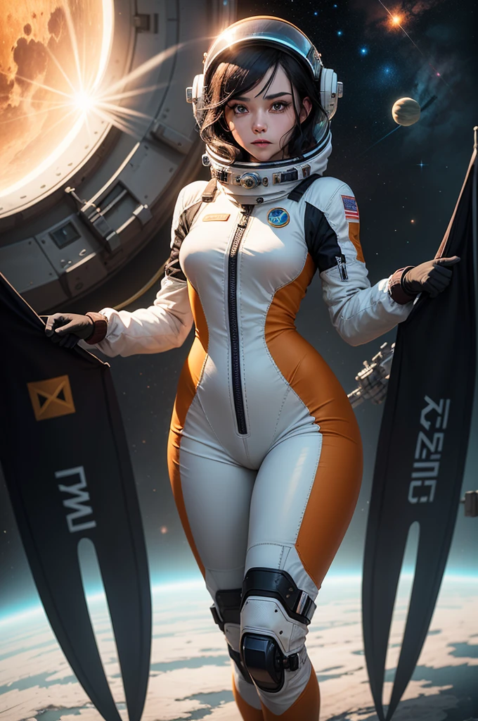 Full body portraiture, low angle shot, stunningly gorgeous barbarella, female astronaut in skin-tight orange space suit, full figure, medium breasts, wearing a space helmet, sexy and dreamy, unseemly, alluring, in orbit around a strange planet on a spacewalk, holding a sophisticated space blaster gun, hyperdynamic pose, tantalizing detailed eyes, catchlight, flirtatious, alluring, danger, violence, gorgeous pin-up girl, shapely curves, 70s retro art style, detailed acrylics, 32k uhd, depth of field