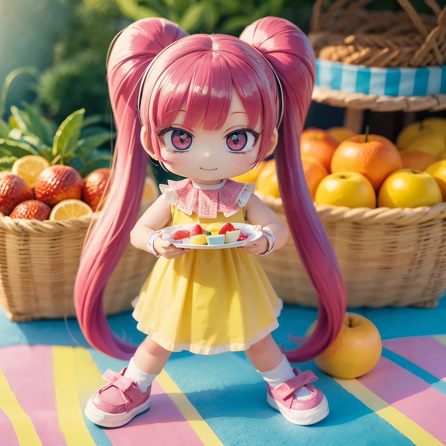 (photorealistic:1.37)、octane rendering、Chibi girl doll in the center of a fruit platter、Girl has twin tail hairstyle and smiles、Bright colors、soft sunlight、playful atmosphere、peaceful environment、detailed texture、Bright colors、cute shoes with accessories、He looks happy