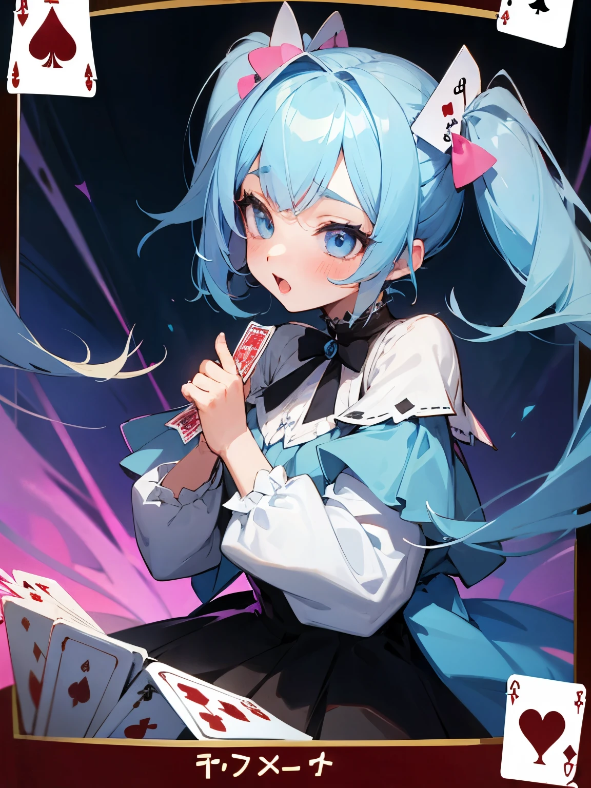 Girl with playing cards twin tails light blue hair naughty