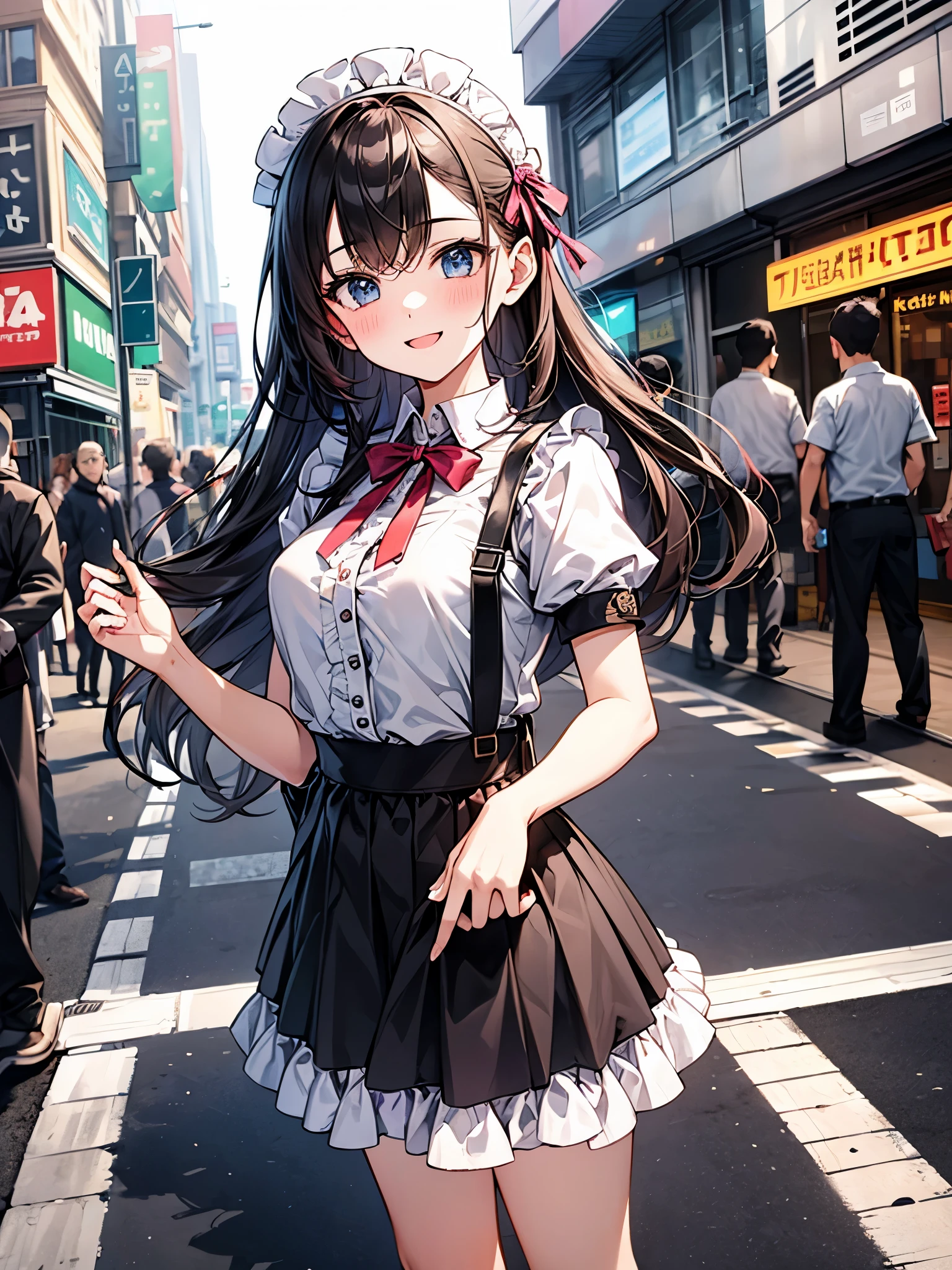 I met a cute 20-year-old maid girl in the crowded street corner.、mini skirt、frills、smile、blush、