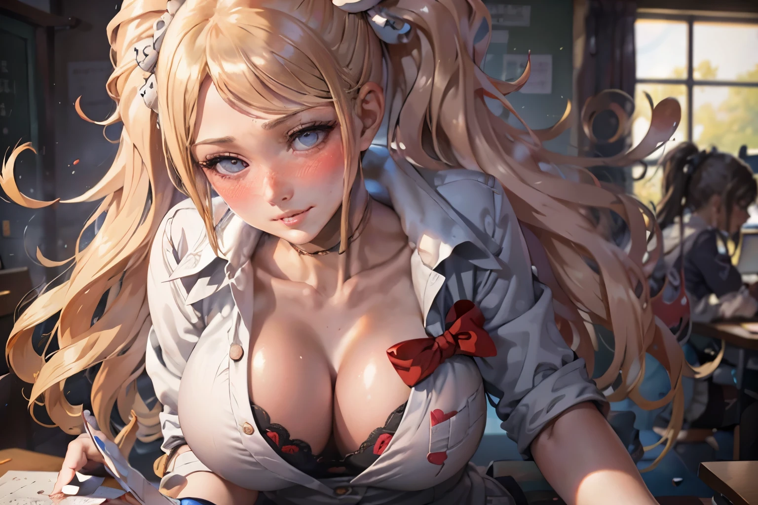 ((masutepiece)),((Best Quality)),absurderes,
1girl in, At the desk, (Studying:1.3), White School Uniform,
(crass room:1.1), Sunlight,
(Half-closed eyes:0.4), (Parted lips:1.4), (nose blush:1.2), lightsmile, Big breasts, cleavage, fake breasts
