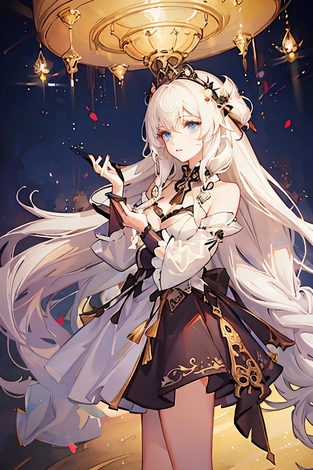 There is a woman in a white dress holding a music box, guweiz style artwork, guweiz on pixiv artstation, guweiz on artstation pixiv, guweiz, fantasy art style, Gurwitz Masterpiece, Beautiful and elegant queen, beautiful figure painting, Detailed digital animation art, blonde princess, white hair, sky blue eyes, pink lips