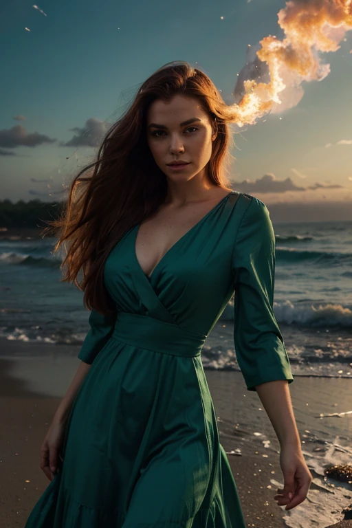 uma fotografia de uma mulher ruiva com cabelos varridos pelo vento, your hair tangled like flames against a twilight sky, emanating indomitable beauty with green dress