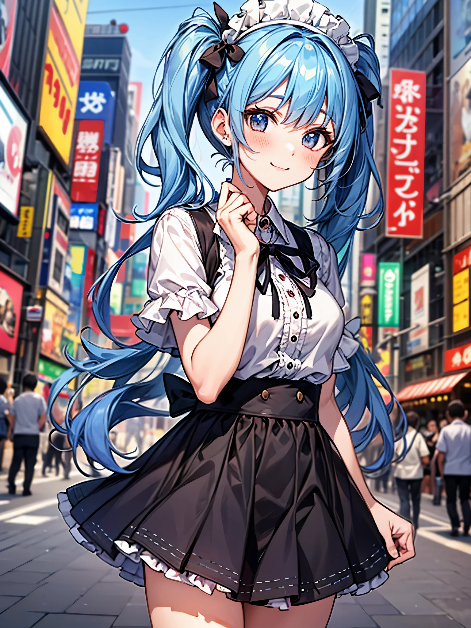 jump、I met a cute 20-year-old maid girl in the crowded streets of Akihabara.、mini skirt、frills、smile、blush、Blue-haired twintails