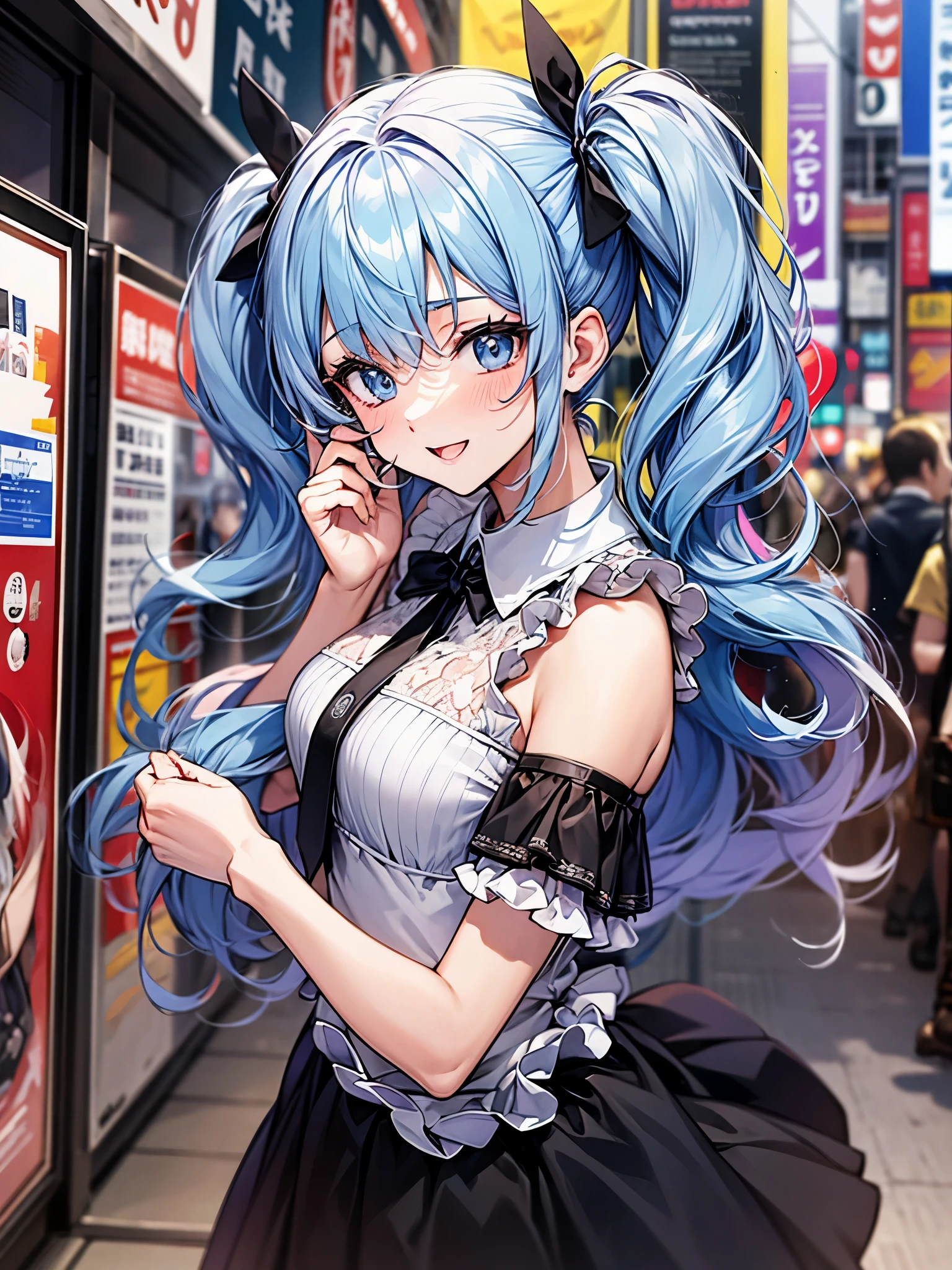 jump、I met a cute 20-year-old maid girl in the crowded streets of Akihabara.、mini skirt、frills、smile、blush、Blue-haired twintails