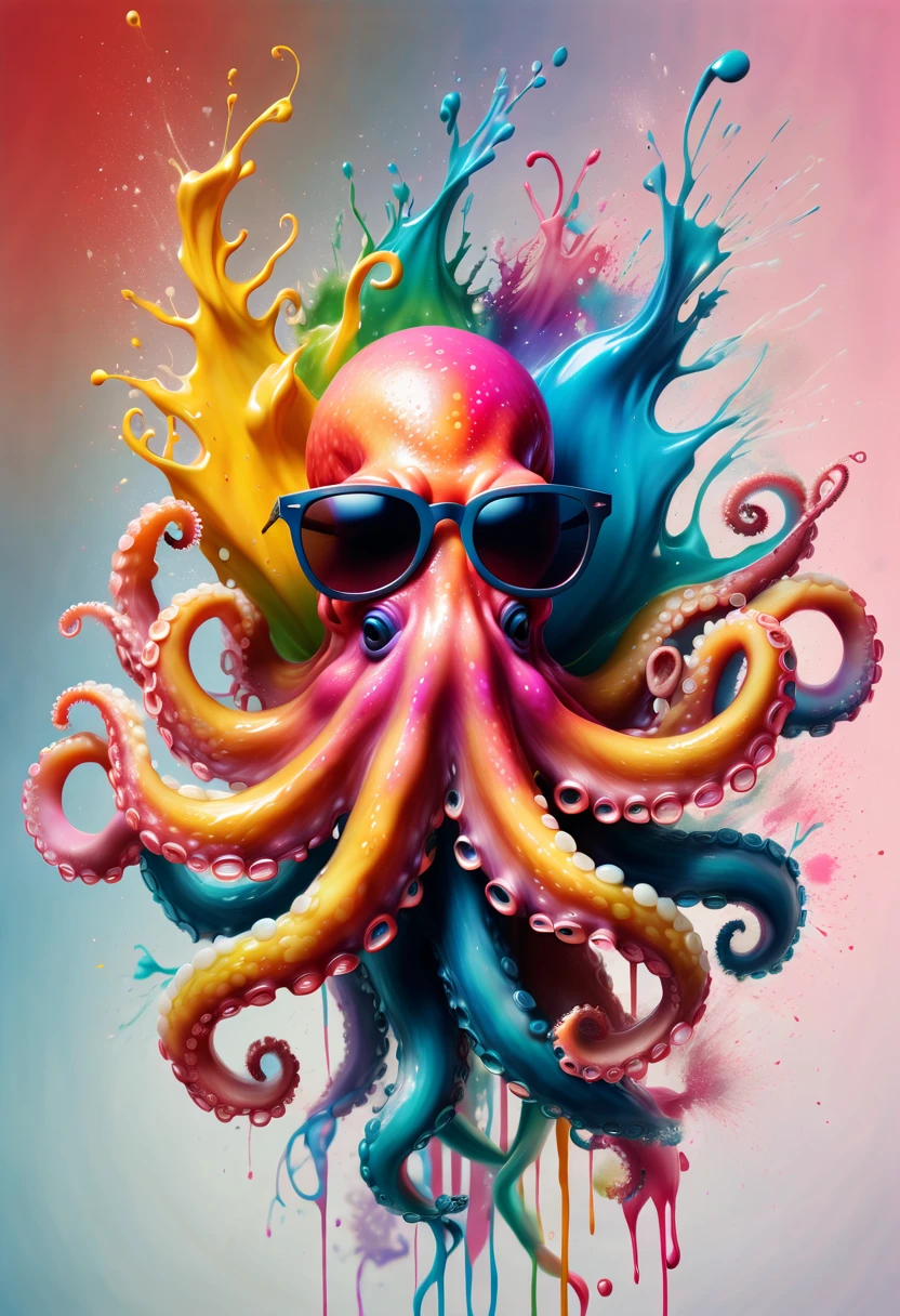 (best picture quality,4K,8k,HD,masterpiece:1.2),Super detailed,(lifelike,lifelike,lifelike:1.37)。ink painting,Cute octopus wearing sunglasses,Angry octopus sprays colorful ink,Ink splash effect:1.37,splatted paint:1.37.Colorful paint splash,paint splatter background,Energetic movement,Dynamic and powerful abstract art,colorful,propylene,Vivid rainbow hues,Joyful and lively atmosphere,Bright orange,pink,Whimsical and dreamy,spontaneous splash,bold color contrast。