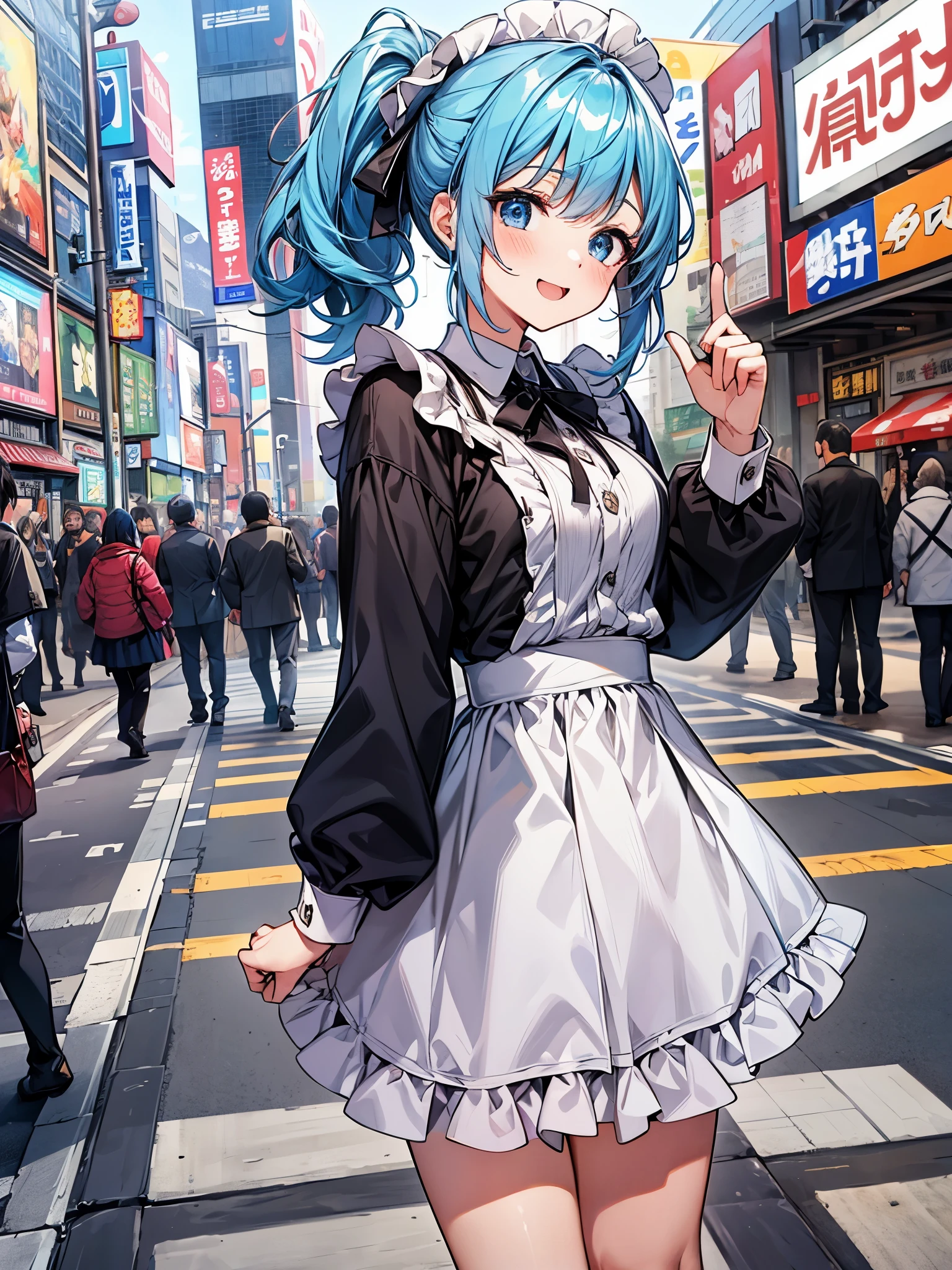jump、white brim:1.2、Maid clothes:1.3,I met a cute 20-year-old girl in the crowded streets of Akihabara.、mini skirt、frills、smile、blush、blue hair ponytail
