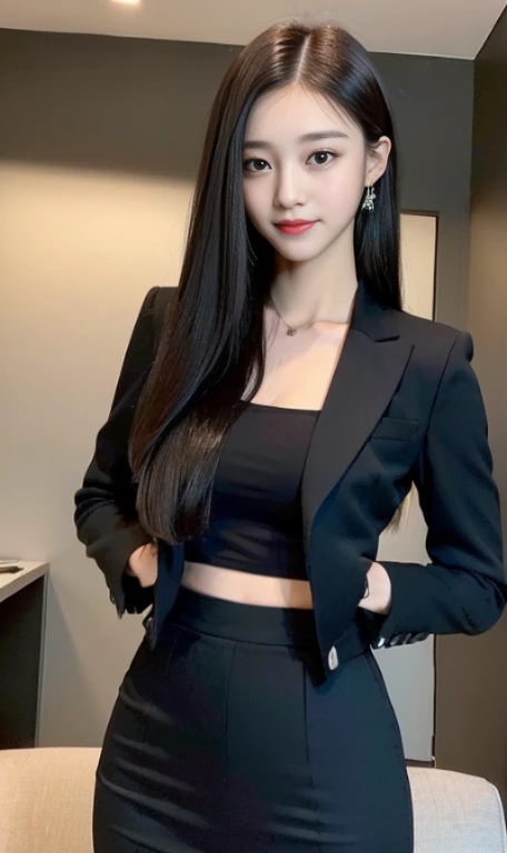 ((Top Quality, 8K, Masterpiece: 1.3)), 1 Girl, Slim: 1.3, (Hairstyle Casual, Big: 1.2), Super Slender Face, Delicate Eyes, Double Eyelids, Smile, Black Business Suit, Long Skirt