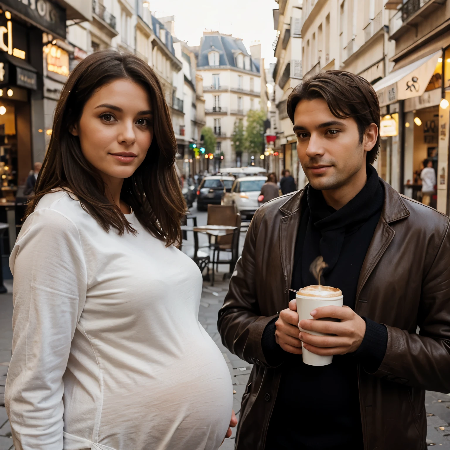 Pregnant brunette woman in Paris with husband beside her having a coffee