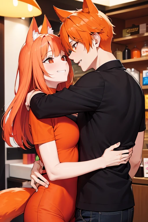 An orange haired man with orange eyes and orange fox ears and an orange fox tail is hugging a pink haired woman with violet eyes in a shop
