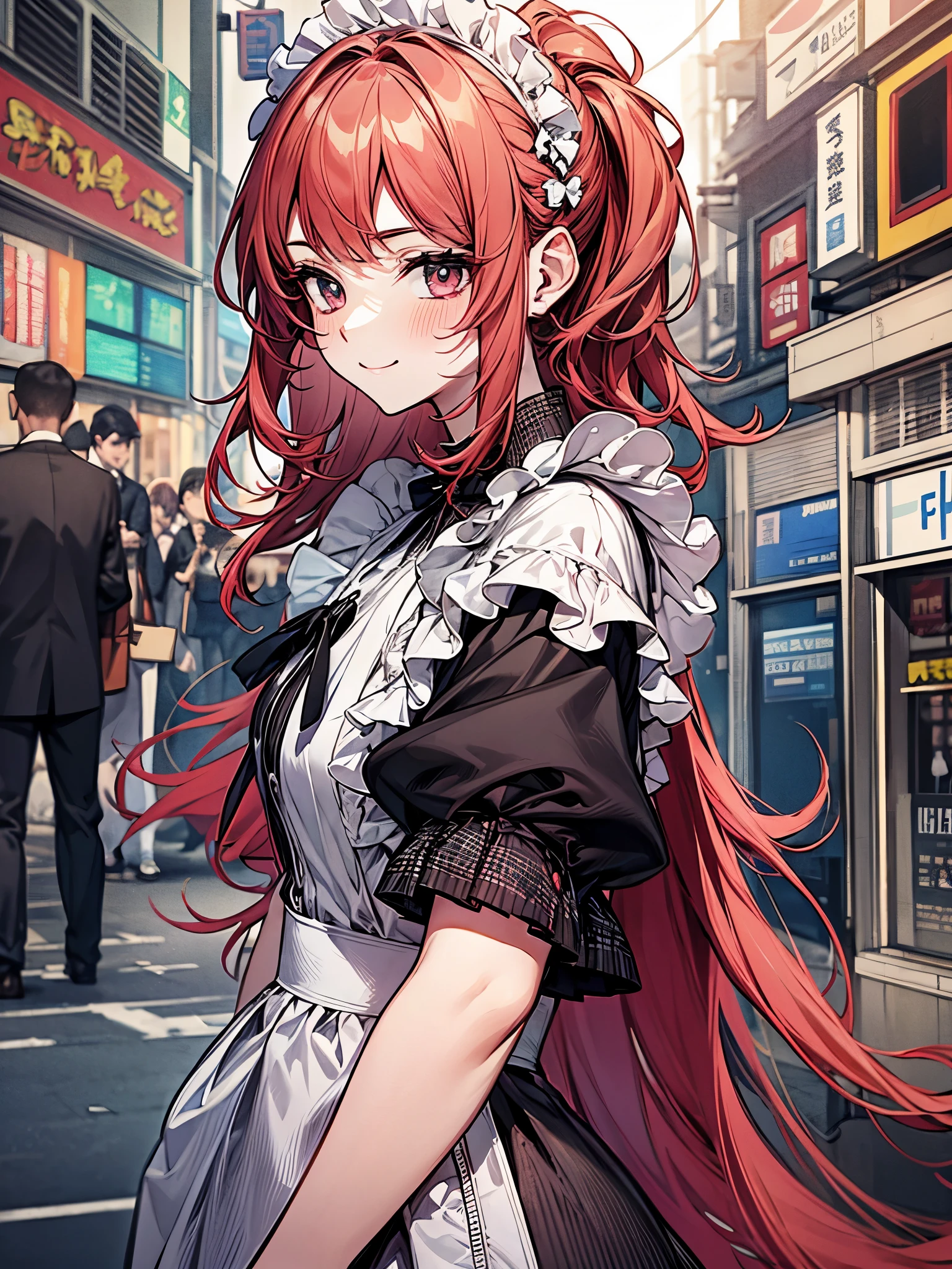 Hand pulled:1.3、Maid clothes:1.3,I met a cute 20-year-old girl in the crowded streets of Akihabara.、large frills、smile、blush、red hair poni