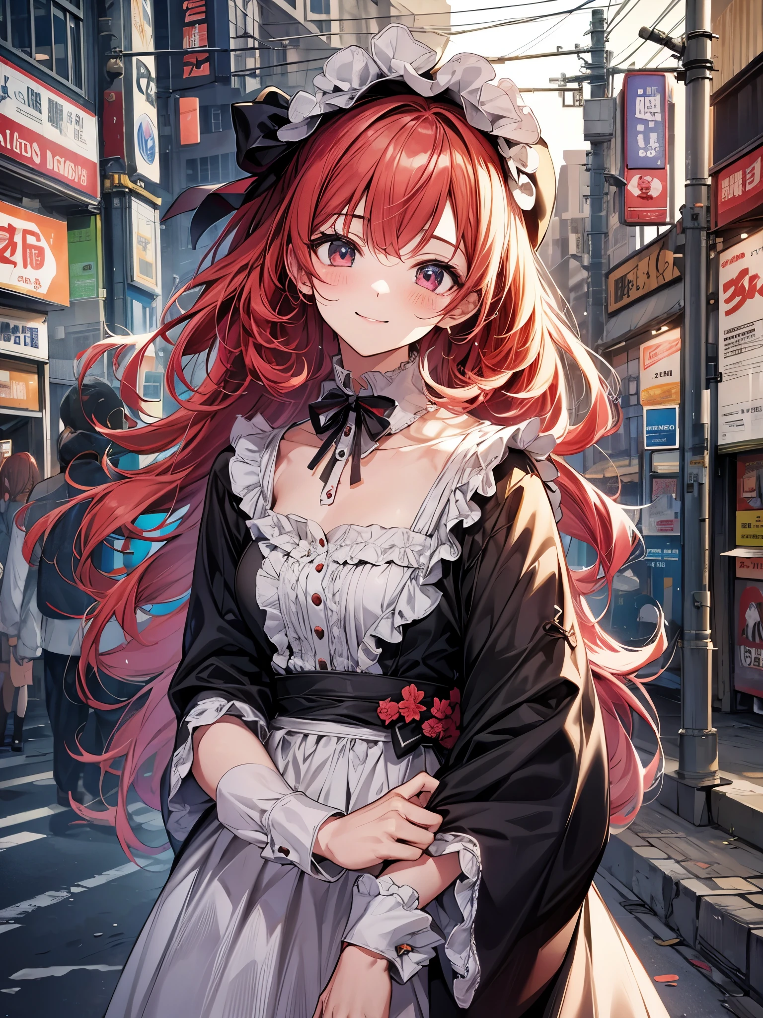 Hand pulled:1.3、Maid clothes:1.3,I met a cute 20-year-old girl in the crowded streets of Akihabara.、large frills、smile、blush、red hair poni