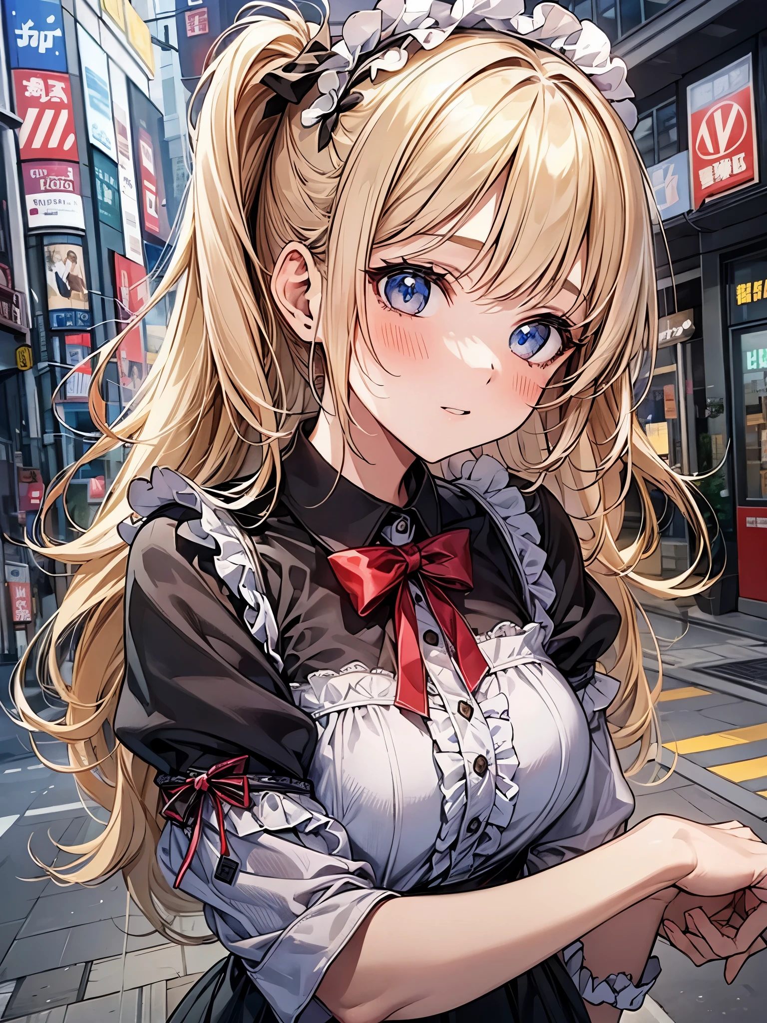 hand is forcibly pulled:1.3、Maid clothes:1.3,I met a cute 20-year-old girl in the crowded streets of Akihabara.、large frills、blush、blonde pony