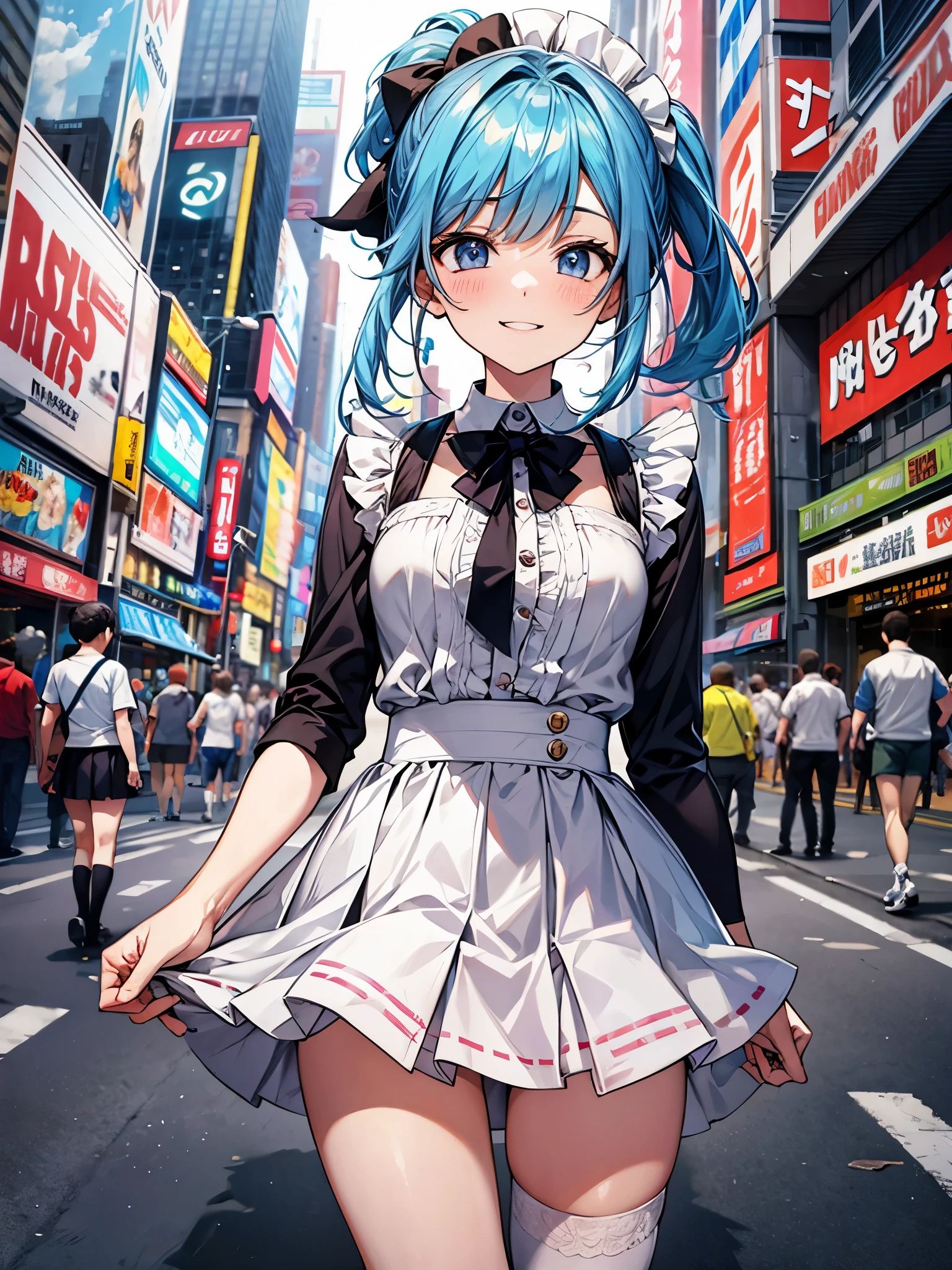 jump、white brim:1.2、Maid clothes:1.3,I met a cute 20-year-old girl in the crowded streets of Akihabara.、mini skirt、frills、smile、blush、blue hair ponytail、stripes々socks、thighs