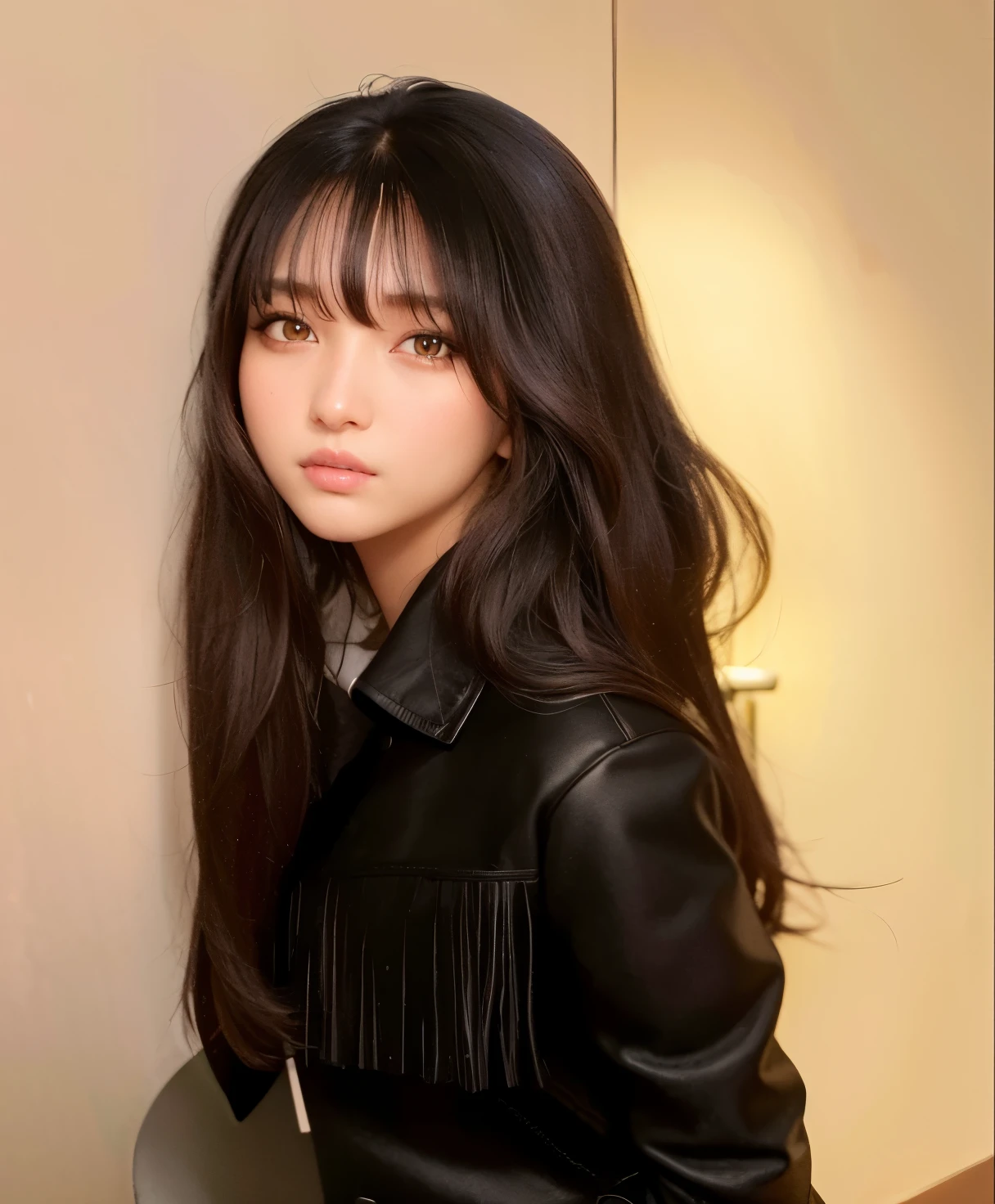 mulher araffe com cabelo comprido, vestindo uma jaqueta preta e uma camisa branca, bae suzy, long hair com franja completa, Janice cantou, com franja, long hair com franja, she has black hair com franja, Lee Ji-eun, Lee Ji-eun, Jinyoung Shin, long dark hair com franja, com franja completa, brown long hair com franja