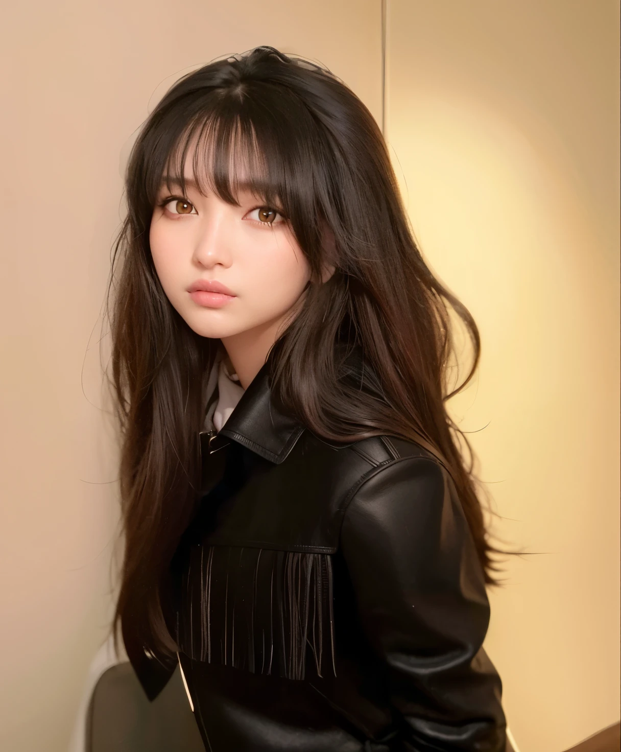 mulher araffe com cabelo comprido, vestindo uma jaqueta preta e uma camisa branca, bae suzy, long hair com franja completa, Janice cantou, com franja, long hair com franja, she has black hair com franja, Lee Ji-eun, Lee Ji-eun, Jinyoung Shin, long dark hair com franja, com franja completa, brown long hair com franja