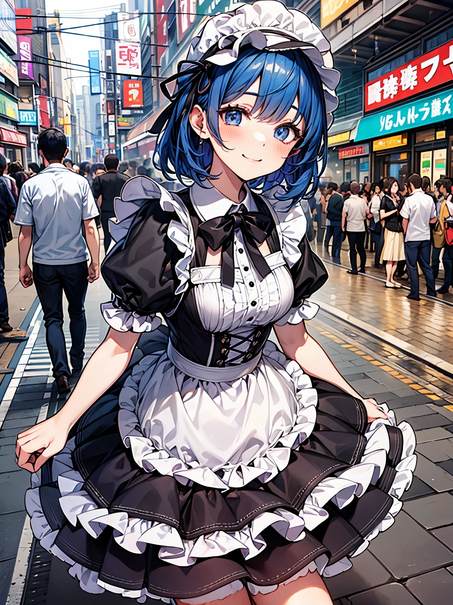 jump、white brim:1.2、Victorian Maid Clothing:1.3,I met a cute 20-year-old girl in the crowded streets of Akihabara.、mini skirt、frills、smile、blush、blue hair