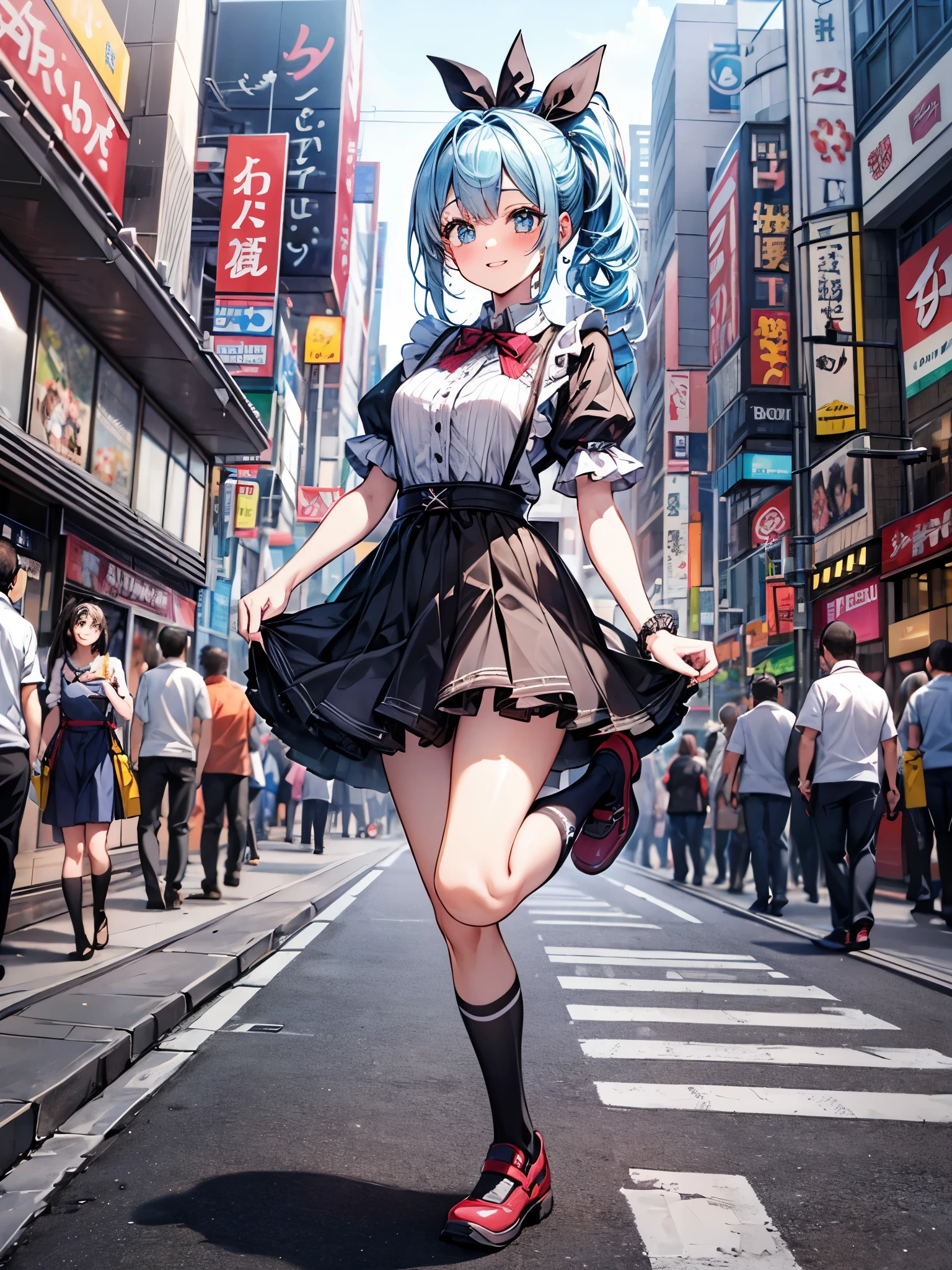 jump:1.3、full body figure、white brim:1.2、Maid clothes:1.3,I met a cute 20-year-old girl in the crowded streets of Akihabara.、mini skirt、frills、smile、blush、blue hair ponytail、stripes々socks