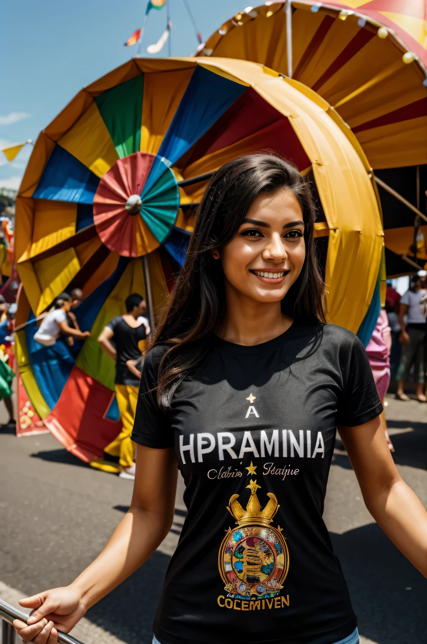 A person in costume in a carnival scene in Brazil wearing a black T-shirt. Hyperrealistic image.