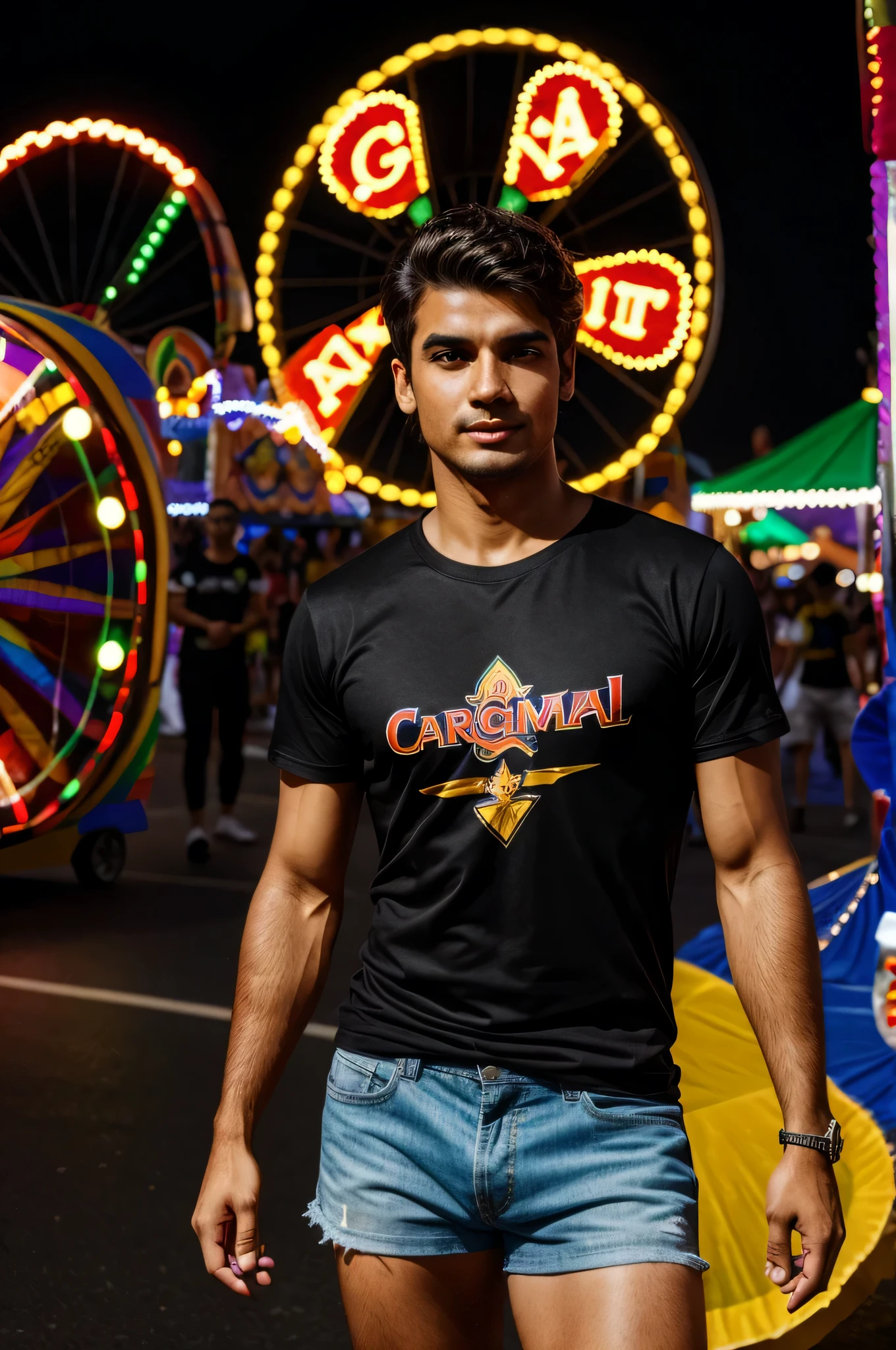 A person in costume in a carnival scene in Brazil wearing a black T-shirt. Hyperrealistic image.