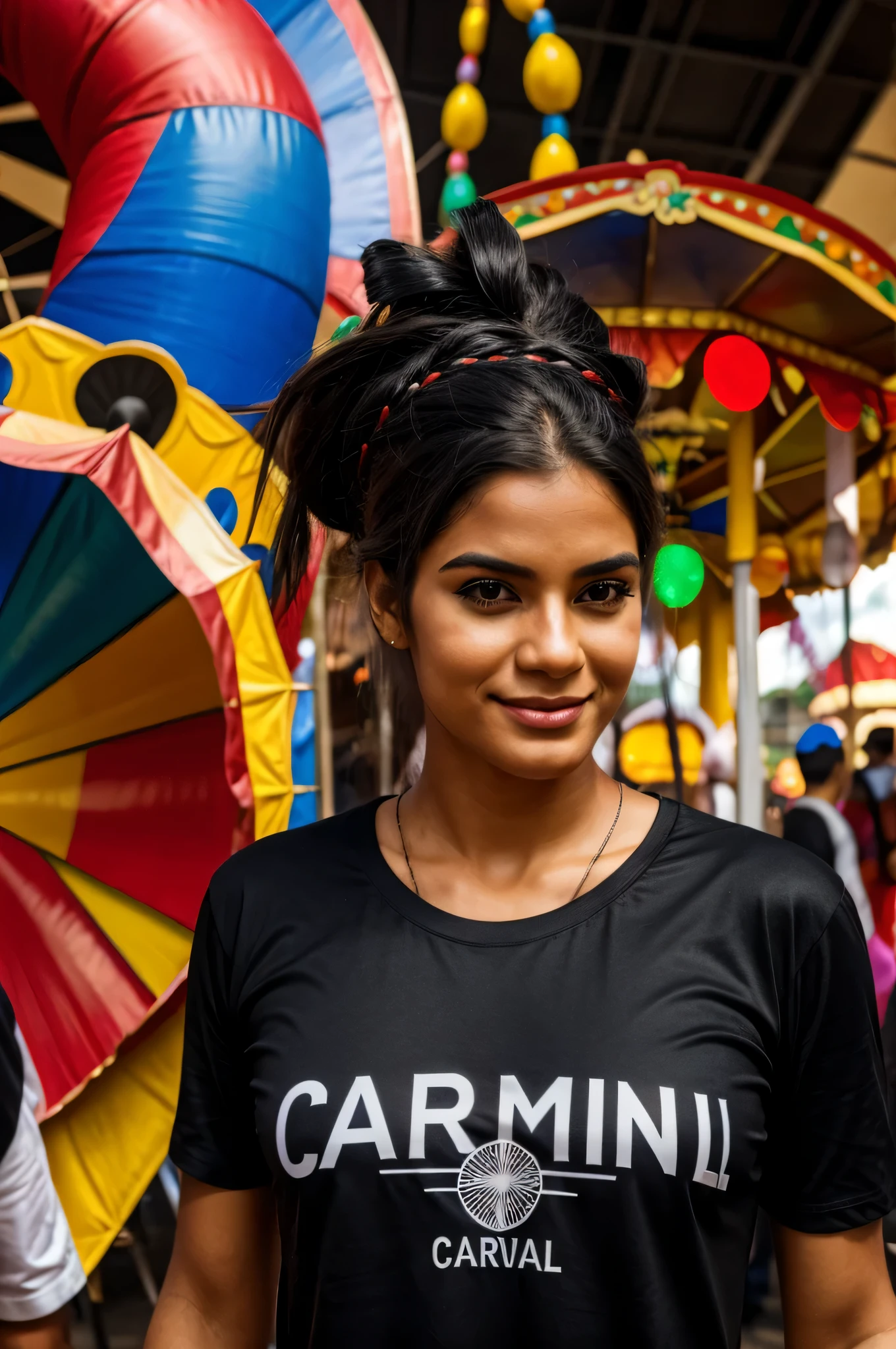 A person in costume in a carnival scene in Brazil wearing a black T-shirt. Hyperrealistic image.